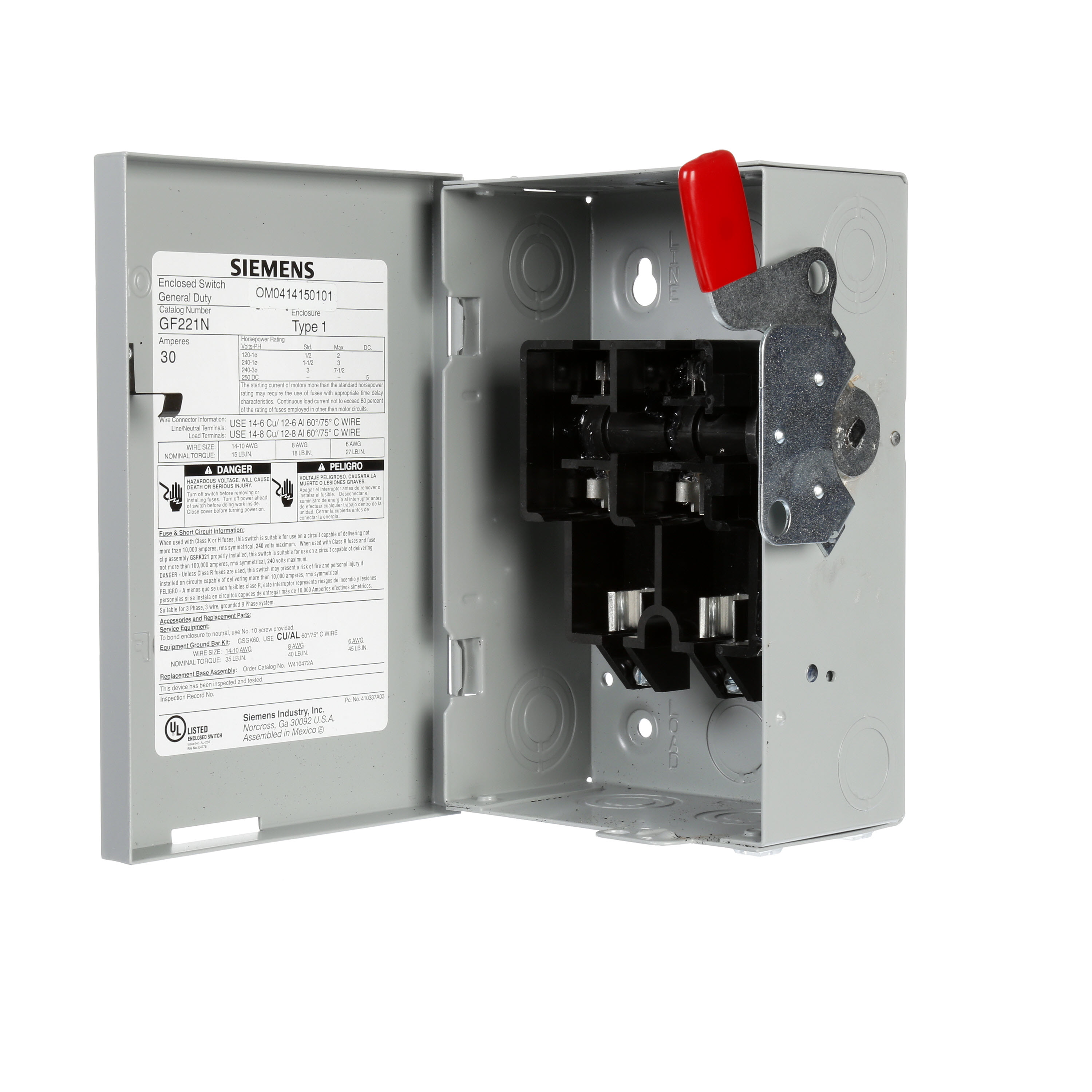 Siemens Low Voltage Circuit Protection General Duty Safety Switch. 2-Pole 2-Fuse and solid neutral Fused in a type 1 enclosure (indoor). Rated 240VAC (30A). Horse power (Std, Time delay) fused 1-PH 2-W (1-1/2, 3), 3-PH 3-W (3, 7-1/2), 250VDC (5). Special features service entrance labeled suitable for 3-PH motor loads,copper lugs.
