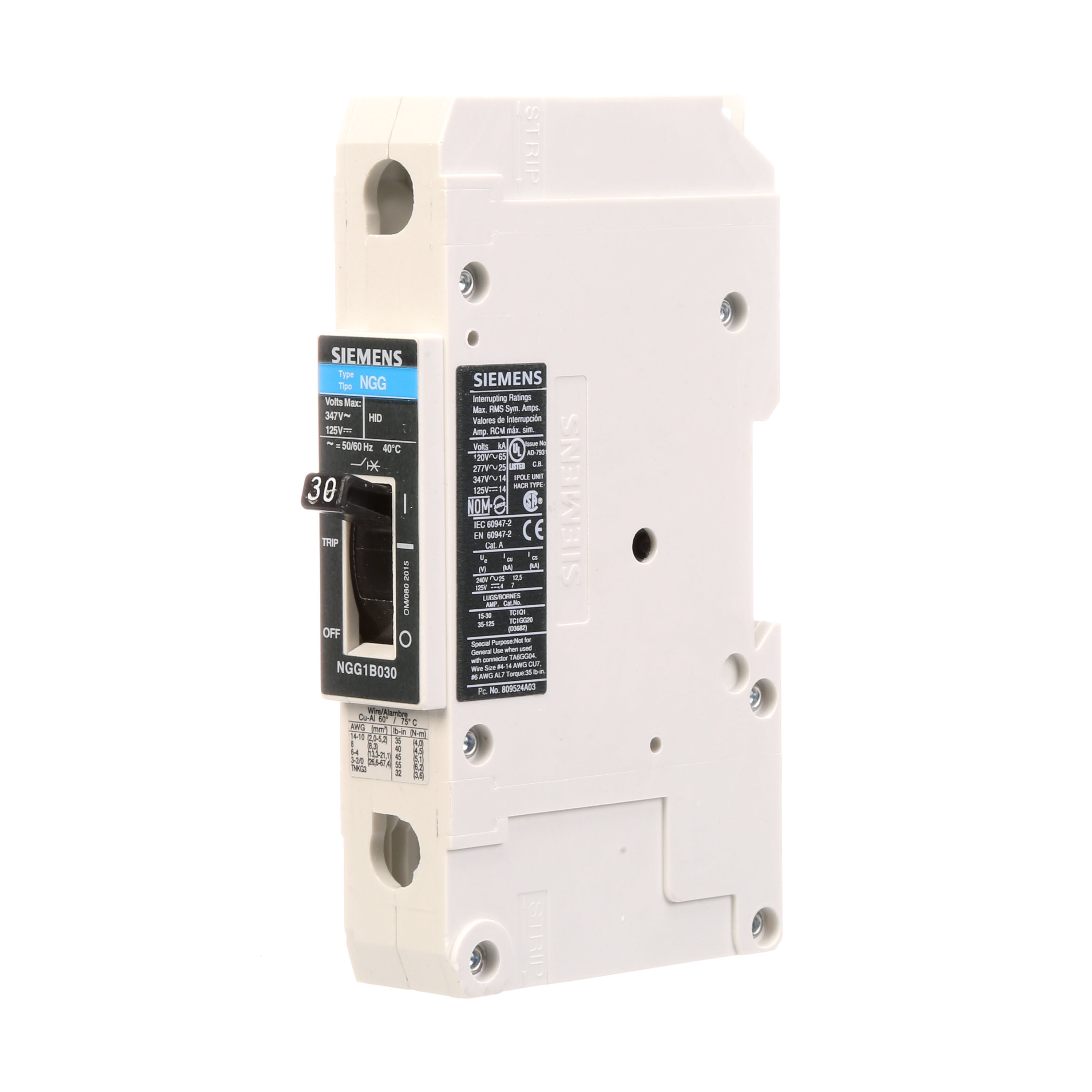 SIEMENS LOW VOLTAGE G FRAME CIRCUIT BREAKER WITH THERMAL - MAGNETIC TRIP. UL LISTED NGG FRAME WITH STANDARD BREAKING CAPACITY. 30A 1-POLE (14KAIC AT 347V) (25KAIC AT 277V). SPECIAL FEATURES MOUNTS ON DIN RAIL / SCREW, NO LUGS. DIMENSIONS (W x H x D) IN 1 x 5.4 x 2.8.