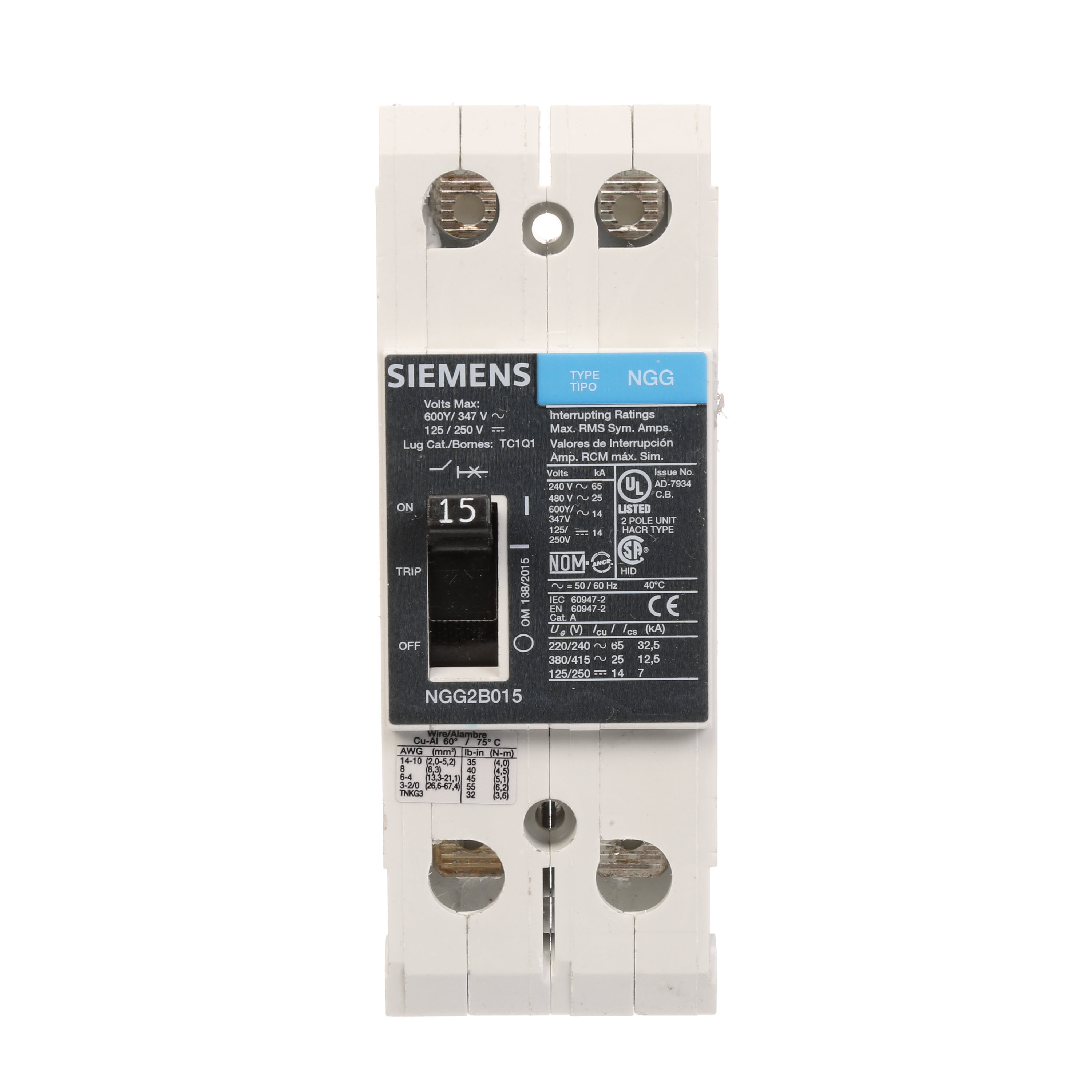 SIEMENS LOW VOLTAGE G FRAME CIRCUIT BREAKER WITH THERMAL - MAGNETIC TRIP. UL LISTED NGG FRAME WITH STANDARD BREAKING CAPACITY. 15A 2-POLE (14KAIC AT 600Y/347V)(25KAIC AT 480V). SPECIAL FEATURES MOUNTS ON DIN RAIL / SCREW, NO LUGS. DIMENSIONS (W x H x D) IN 2 x 5.4 x 2.8.