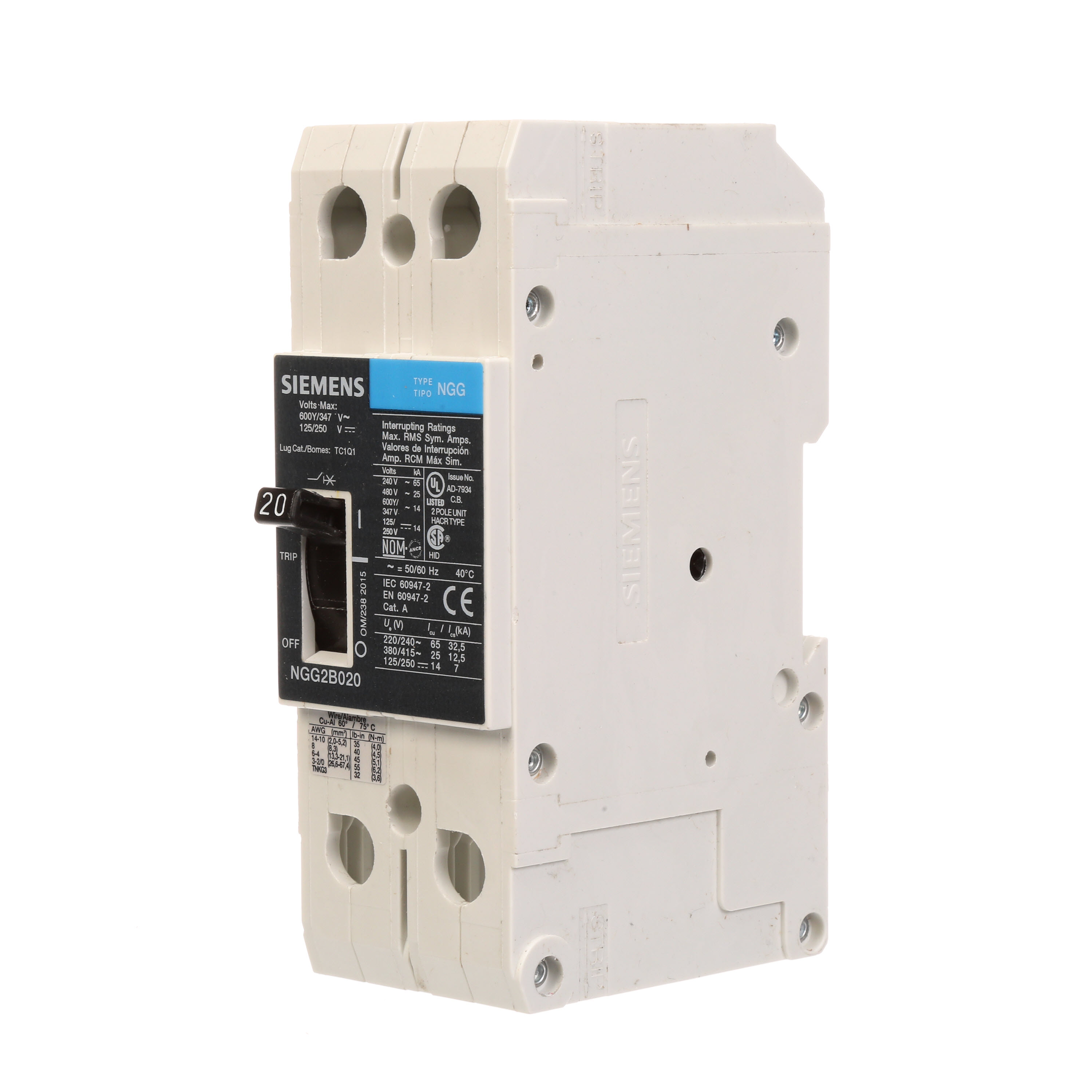 SIEMENS LOW VOLTAGE G FRAME CIRCUIT BREAKER WITH THERMAL - MAGNETIC TRIP. UL LISTED NGG FRAME WITH STANDARD BREAKING CAPACITY. 20A 2-POLE (14KAIC AT 600Y/347V)(25KAIC AT 480V). SPECIAL FEATURES MOUNTS ON DIN RAIL / SCREW, NO LUGS. DIMENSIONS (W x H x D) IN 2 x 5.4 x 2.8.