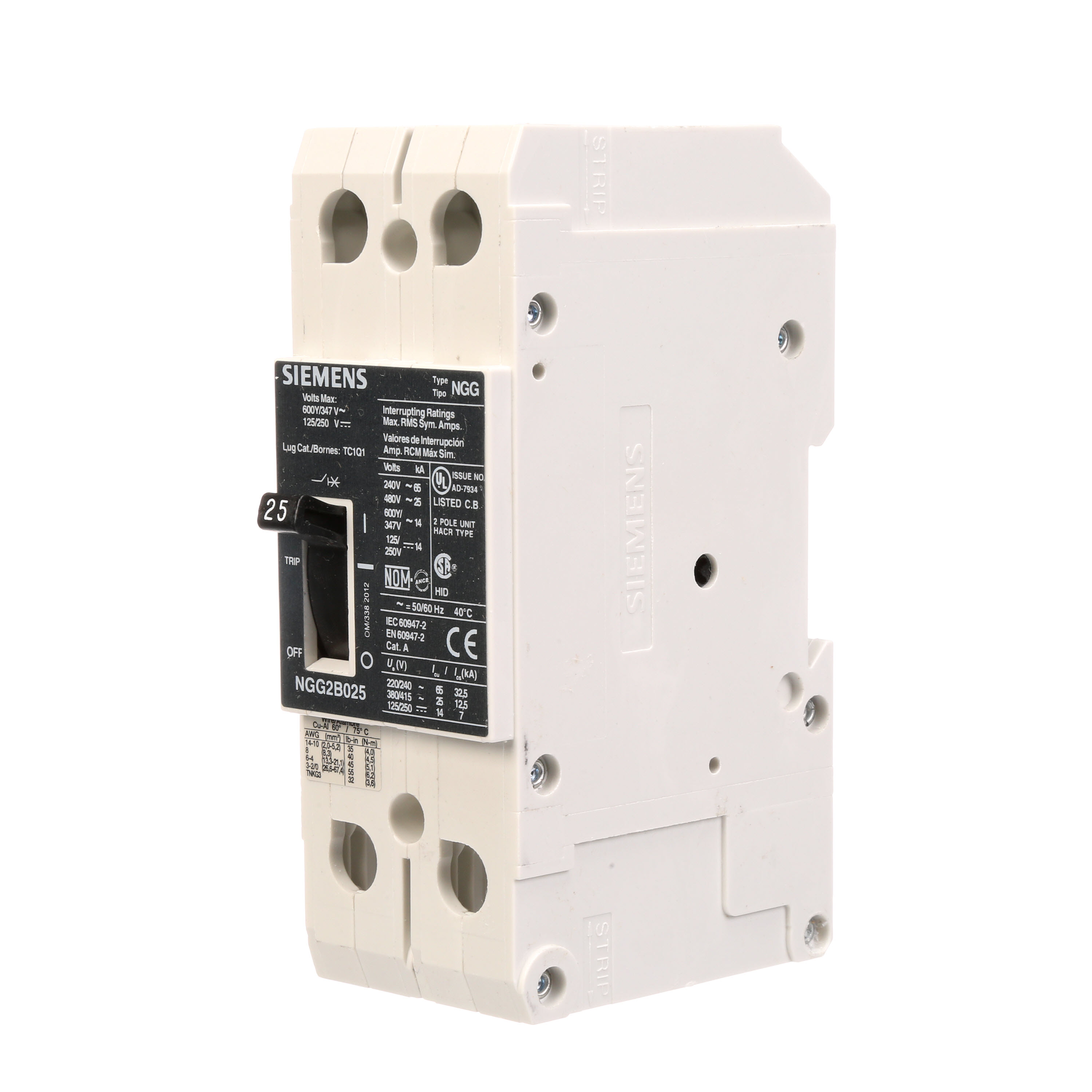 SIEMENS LOW VOLTAGE G FRAME CIRCUIT BREAKER WITH THERMAL - MAGNETIC TRIP. UL LISTED NGG FRAME WITH STANDARD BREAKING CAPACITY. 25A 2-POLE (14KAIC AT 600Y/347V)(25KAIC AT 480V). SPECIAL FEATURES MOUNTS ON DIN RAIL / SCREW, NO LUGS. DIMENSIONS (W x H x D) IN 2 x 5.4 x 2.8.