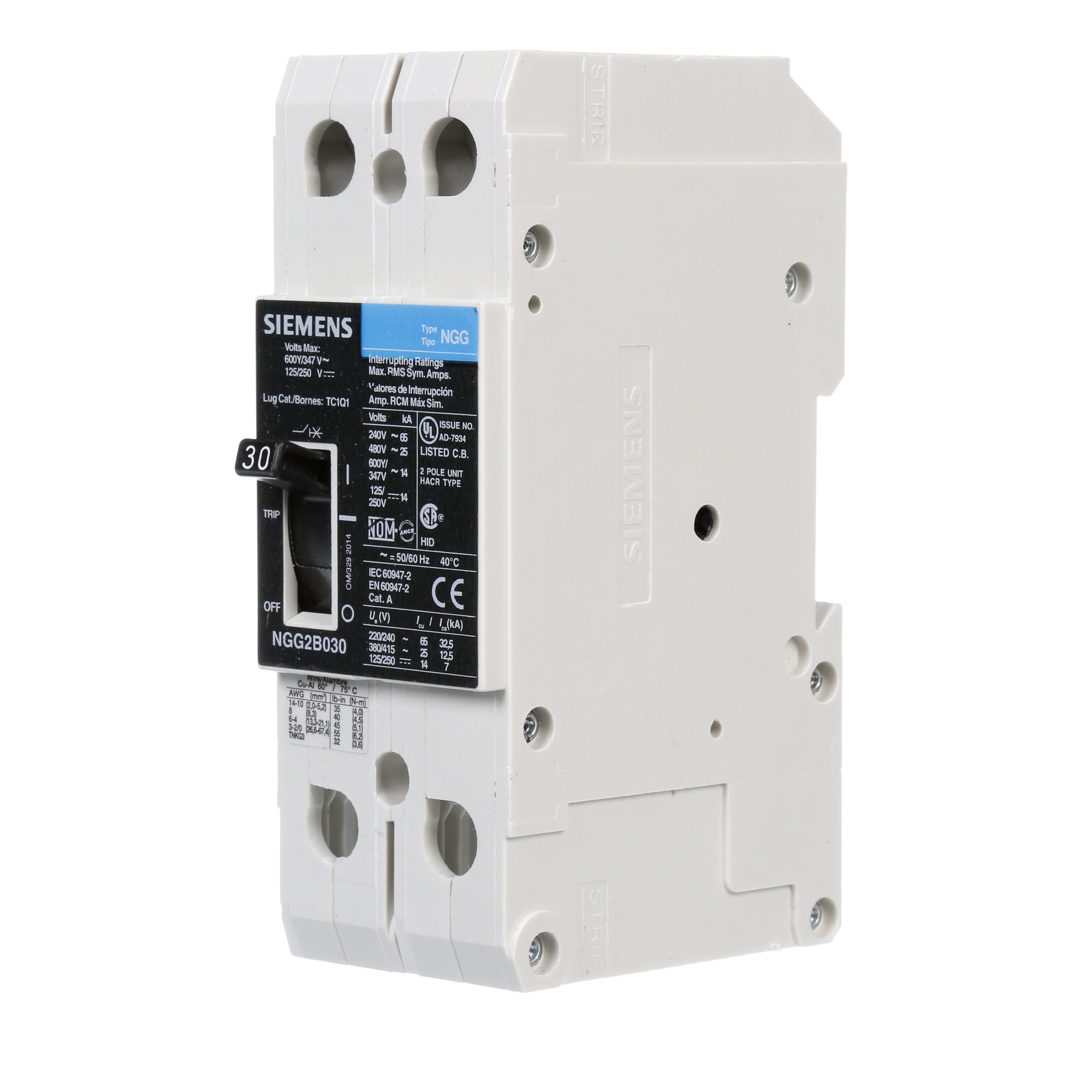 SIEMENS LOW VOLTAGE G FRAME CIRCUIT BREAKER WITH THERMAL - MAGNETIC TRIP. UL LISTED NGG FRAME WITH STANDARD BREAKING CAPACITY. 30A 2-POLE (14KAIC AT 600Y/347V)(25KAIC AT 480V). SPECIAL FEATURES MOUNTS ON DIN RAIL / SCREW, NO LUGS. DIMENSIONS (W x H x D) IN 2 x 5.4 x 2.8.