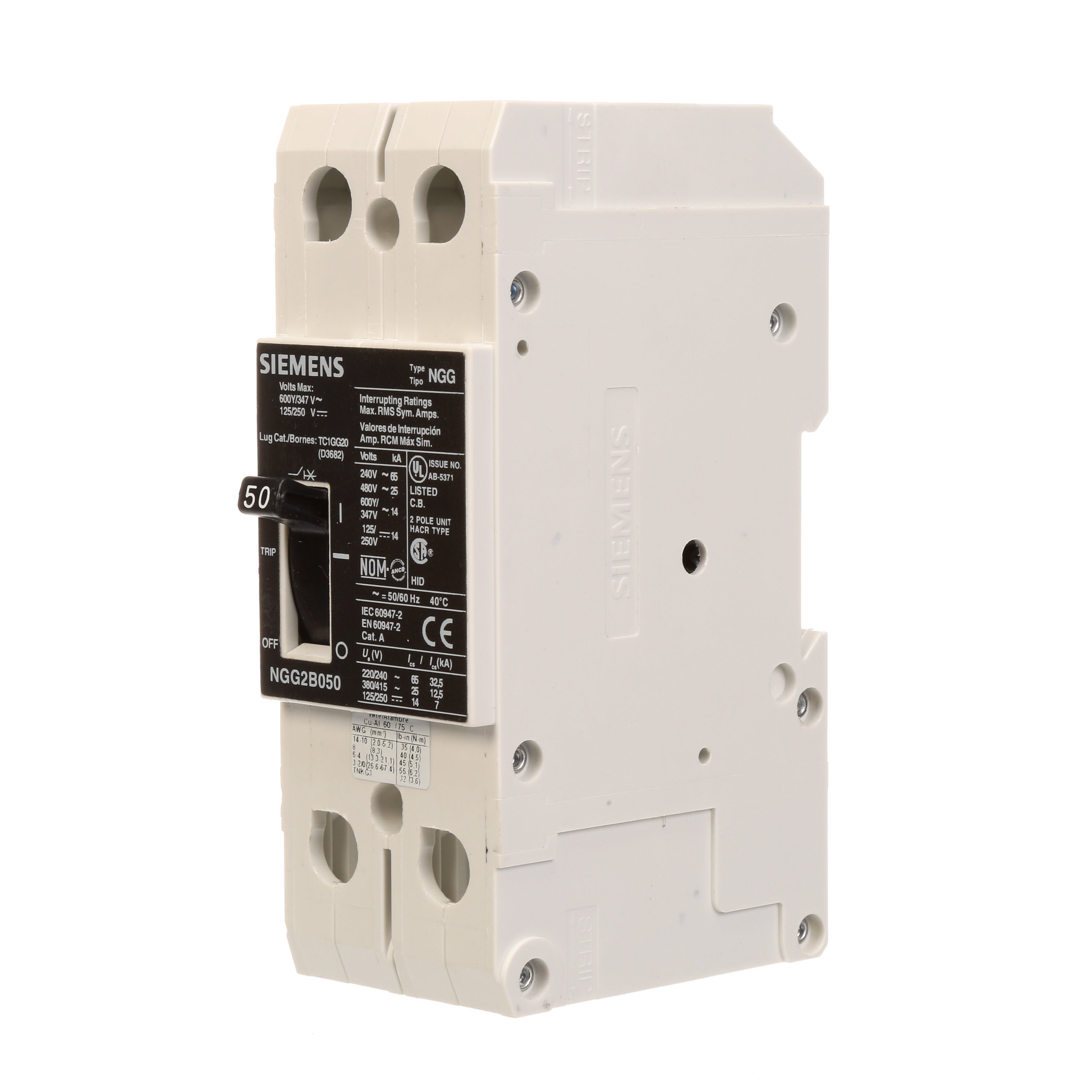 SIEMENS LOW VOLTAGE G FRAME CIRCUIT BREAKER WITH THERMAL - MAGNETIC TRIP. UL LISTED NGG FRAME WITH STANDARD BREAKING CAPACITY. 50A 2-POLE (14KAIC AT 600Y/347V)(25KAIC AT 480V). SPECIAL FEATURES MOUNTS ON DIN RAIL / SCREW, NO LUGS. DIMENSIONS (W x H x D) IN 2 x 5.4 x 2.8.