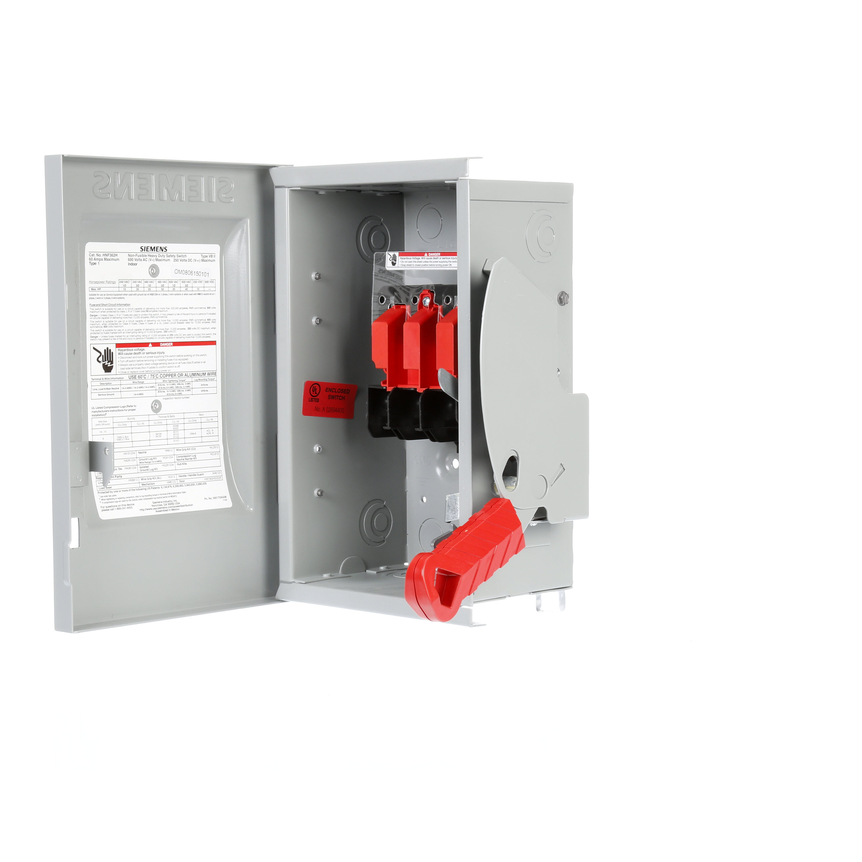 Siemens Low Voltage Circuit Protection Heavy Duty Safety Switch. 3-Pole Non-Fused in a type 1 enclosure (indoor). Rated 600VAC (60A). Special features height reduced enclosure.