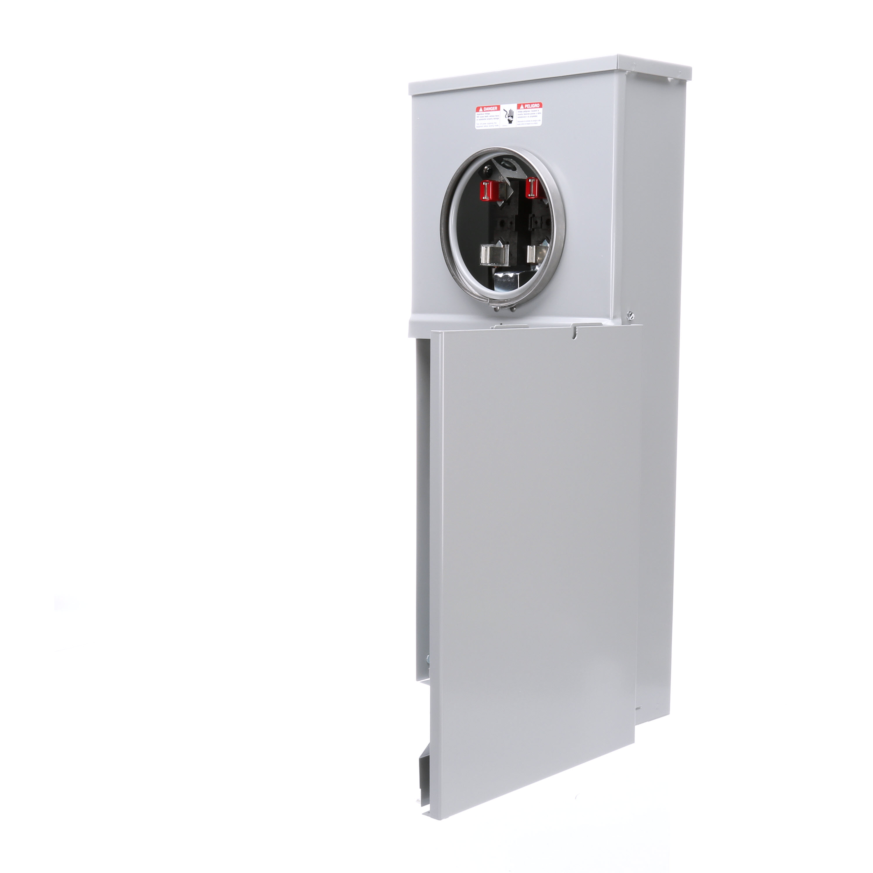 SIEMENS LOW VOLTAGE METER LOAD CENTER COMBINATION. FACTORY INSTALLED MAIN BREAKER 8 (1 INCH) SPACES INTERIOR ALLOWING MAX 16 CIRCUITS. 4-JAW METER / 1-PHASE SYSTEM RATED 200A. SPECIAL FEATURES OH FEED, RING TYPE COVER, FEED THRU LUGS