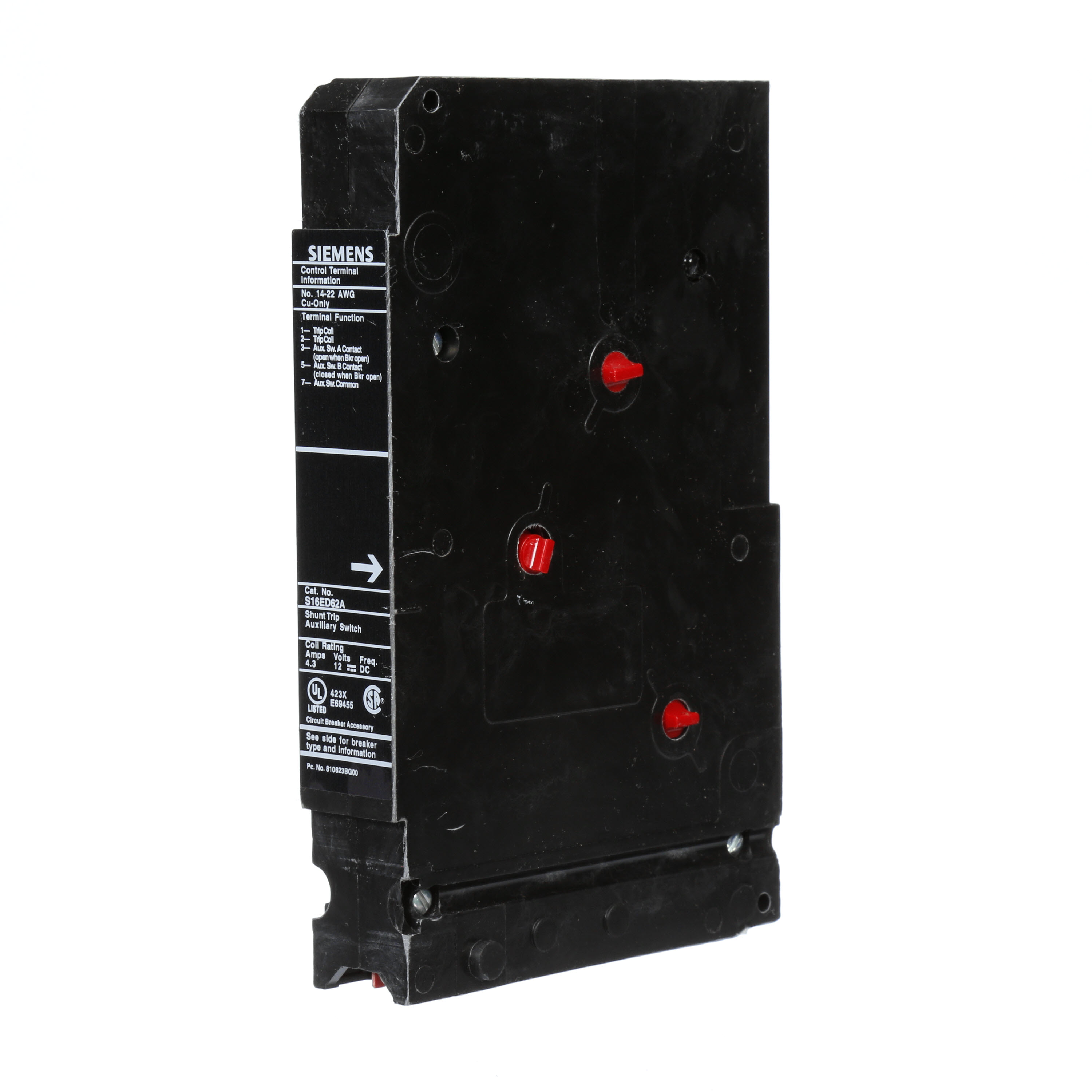 SIEMENS LOW VOLTAGE SENTRON MOLDED CASE CIRCUIT BREAKER INTERNAL ACCESSORY. 12 VDC SHUNT TRIP COMBINATION WITH FORM C 240 VAC AUXILIARY SWITCH (1NO / 1NC). SUITS ED FRAME BREAKERS.