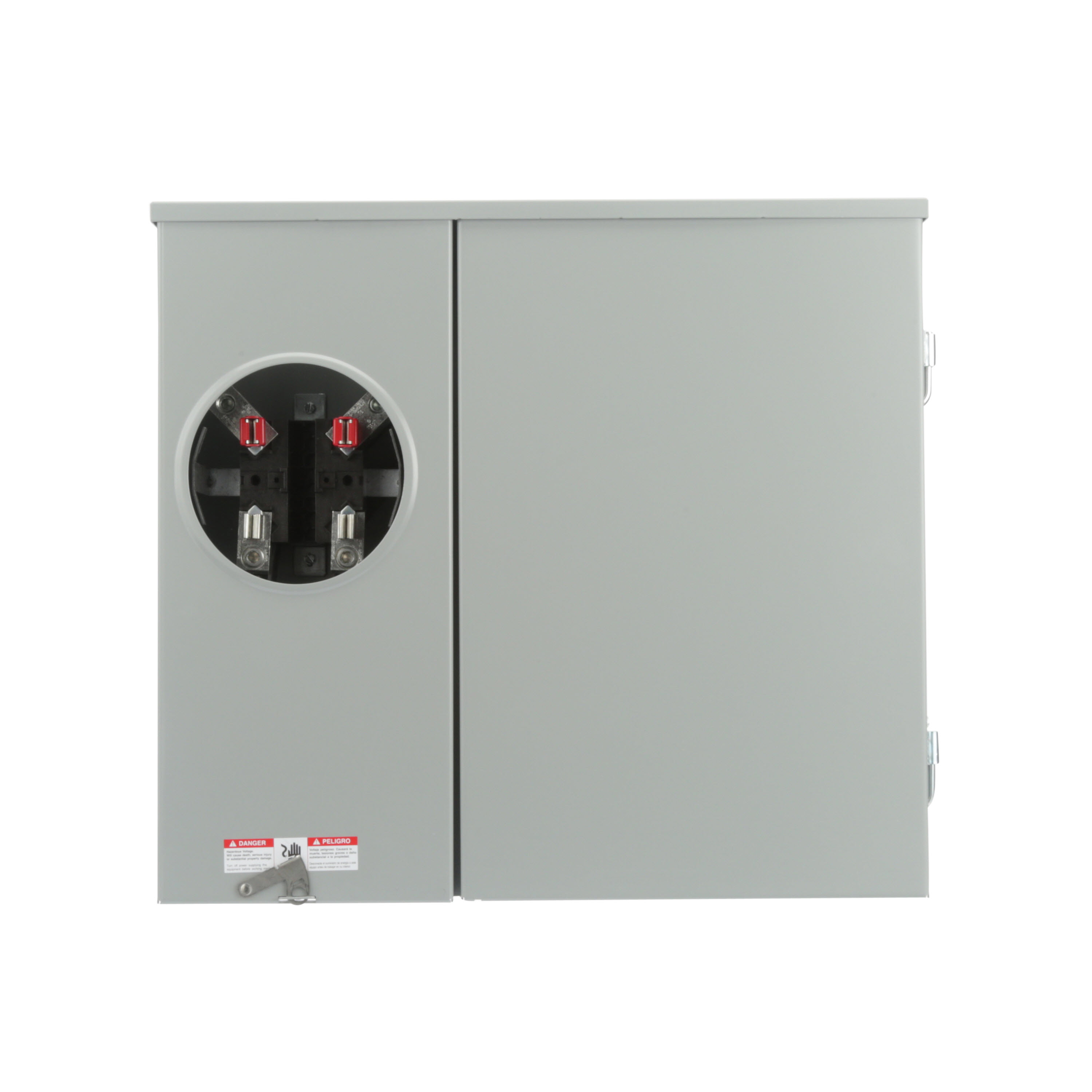 SIEMENS LOW VOLTAGE METER LOAD CENTER COMBINATION. FACTORY INSTALLED MAIN BREAKER 8 (1 INCH) SPACES INTERIOR ALLOWING MAX 16 CIRCUITS. 4-JAW METER / 1-PHASE SYSTEM RATED 200A. SPECIAL FEATURES OH/UG FEED, RINGLESS TYPE COVER, FEED THRU LUGS DOUBLE HUB PROVISION