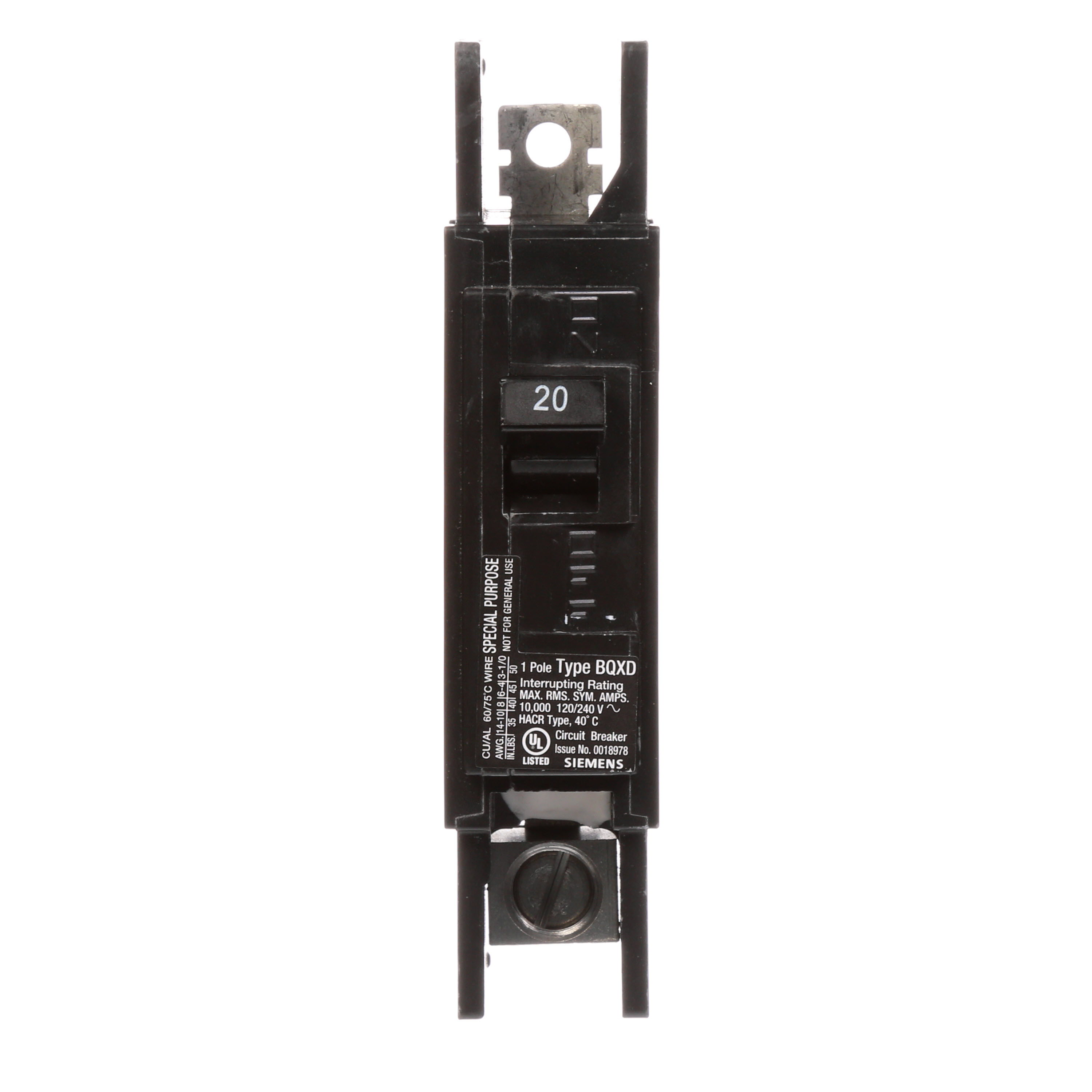 Siemens Low Voltage Molded Case Circuit Breakers General Purpose MCCBs are Circuit Protection Molded Case Circuit Breakers. 1-Pole circuit breaker type BQXD. Rated 120V (020A) (AIR 10 kA). Special features DIN Rail mounted, Line and load side lugs included..