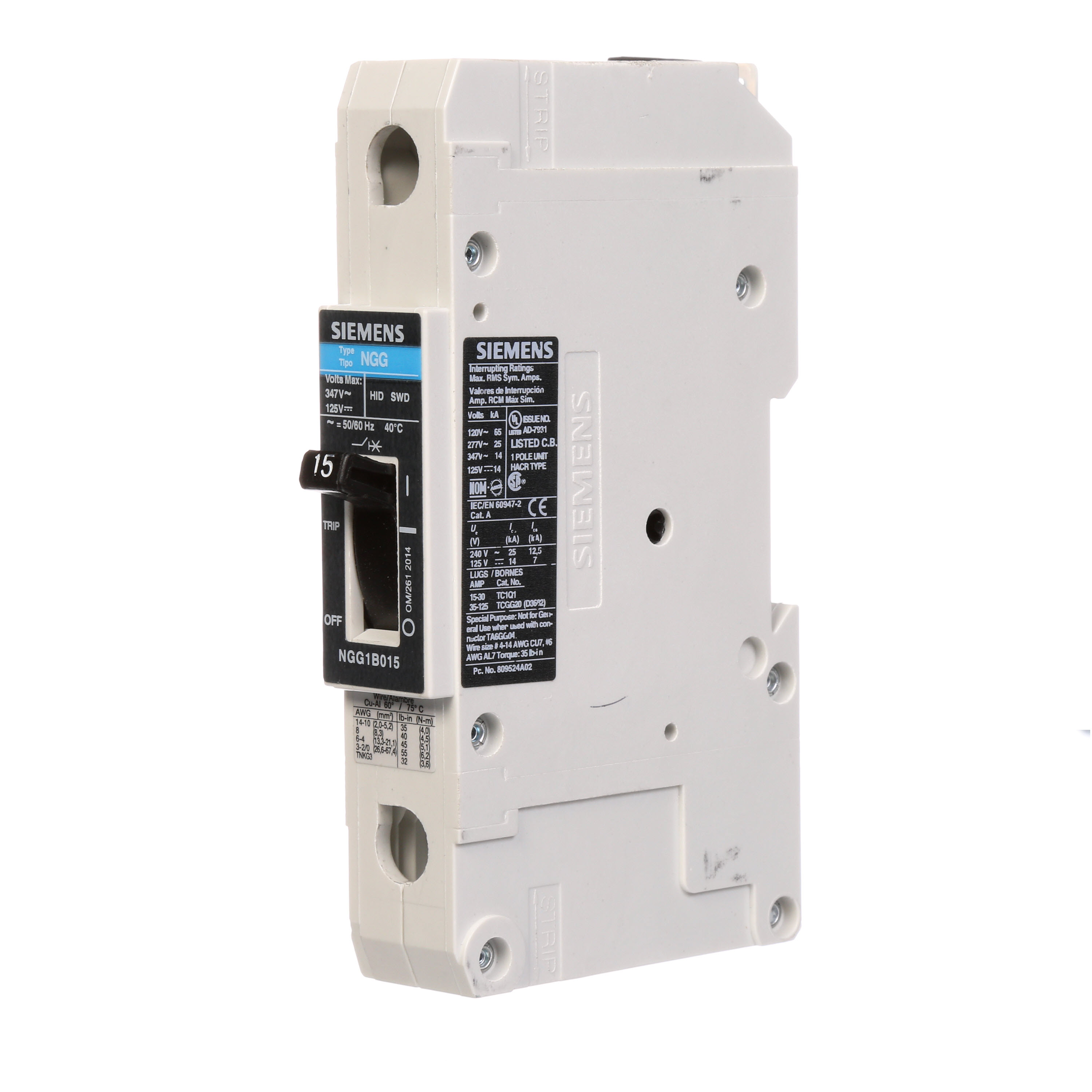 SIEMENS LOW VOLTAGE G FRAME CIRCUIT BREAKER WITH THERMAL - MAGNETIC TRIP. UL LISTED NGG FRAME WITH STANDARD BREAKING CAPACITY. 15A 1-POLE (14KAIC AT 347V) (25KAIC AT 277V). SPECIAL FEATURES MOUNTS ON DIN RAIL / SCREW, LINE AND LOAD SIDE LUGS (TC1Q1) WIRE RANGE 14 - 10 AWS (CU/AL). DIMENSIONS (W x H x D) IN 1 x 5.4 x 2.8.
