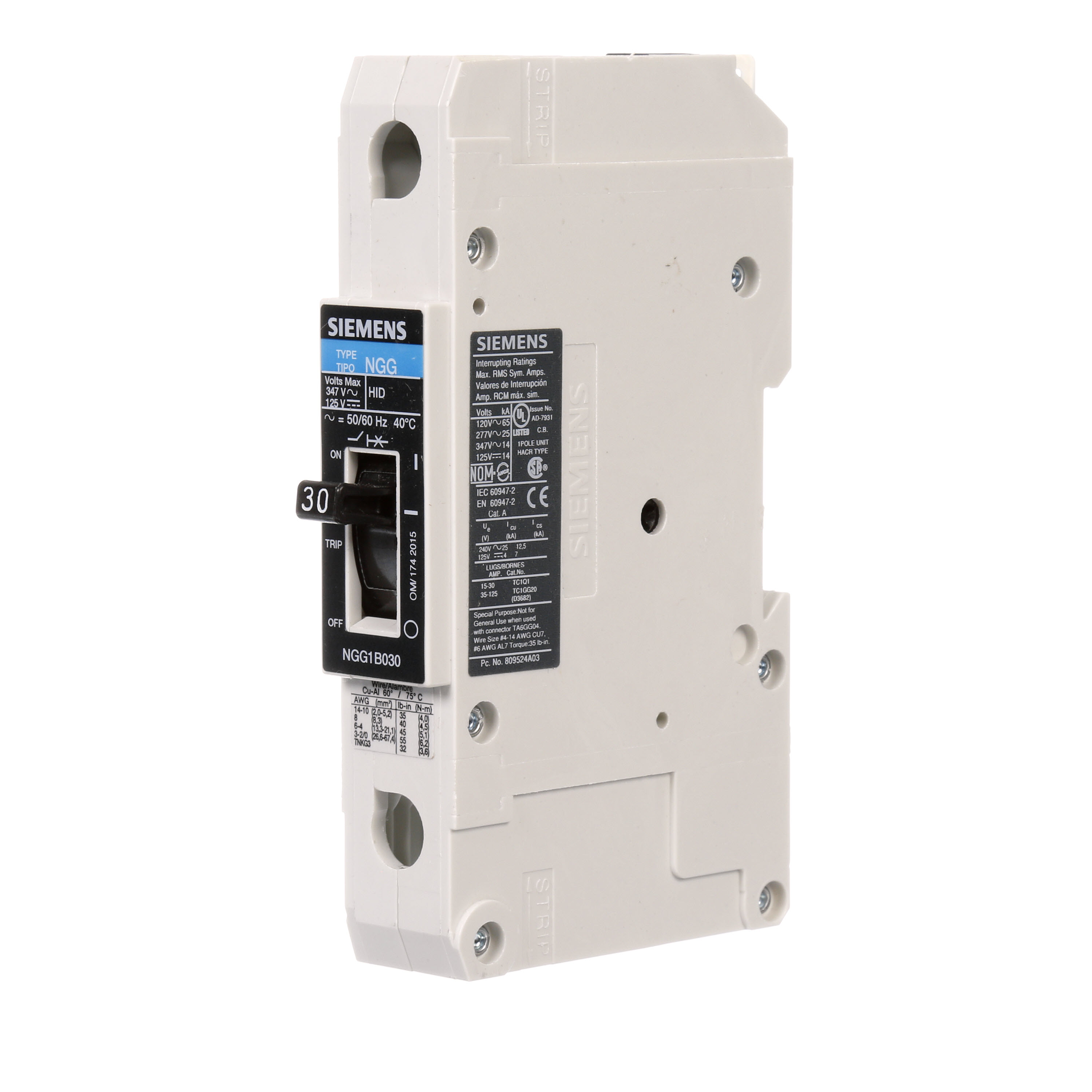 SIEMENS LOW VOLTAGE G FRAME CIRCUIT BREAKER WITH THERMAL - MAGNETIC TRIP. UL LISTED NGG FRAME WITH STANDARD BREAKING CAPACITY. 30A 1-POLE (14KAIC AT 347V) (25KAIC AT 277V). SPECIAL FEATURES MOUNTS ON DIN RAIL / SCREW, LINE AND LOAD SIDE LUGS (TC1Q1) WIRE RANGE 14 - 10 AWS (CU/AL). DIMENSIONS (W x H x D) IN 1 x 5.4 x 2.8.