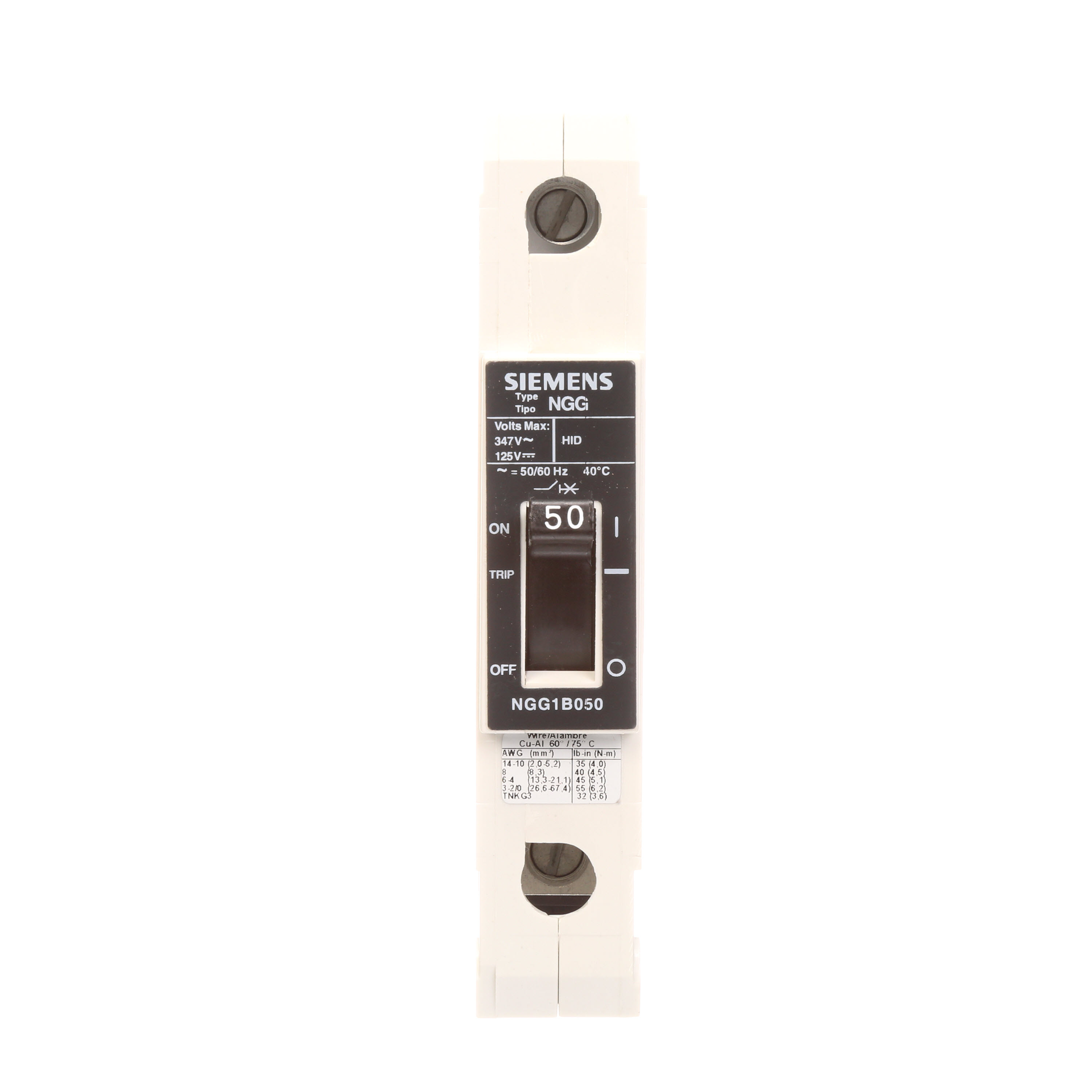 SIEMENS LOW VOLTAGE G FRAME CIRCUIT BREAKER WITH THERMAL - MAGNETIC TRIP. UL LISTED NGG FRAME WITH STANDARD BREAKING CAPACITY. 50A 1-POLE (14KAIC AT 347V) (25KAIC AT 277V). SPECIAL FEATURES MOUNTS ON DIN RAIL / SCREW, LINE AND LOAD SIDE LUGS (TC1GG20) WIRE RANGE 8 - 1/0 AWS (CU/AL). DIMENSIONS (W x H x D) IN 1 x 5.4 x2.8.
