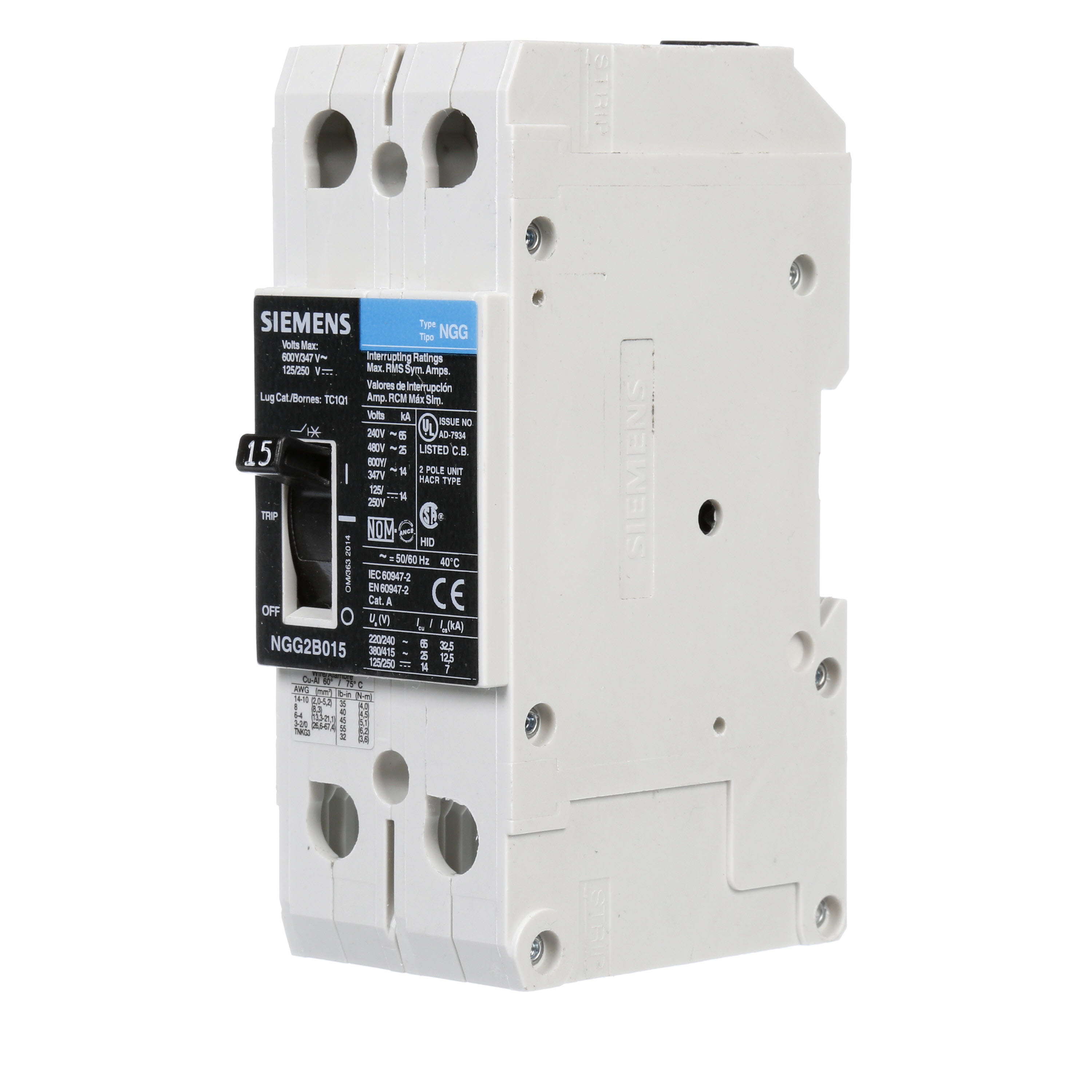 SIEMENS LOW VOLTAGE G FRAME CIRCUIT BREAKER WITH THERMAL - MAGNETIC TRIP. UL LISTED NGG FRAME WITH STANDARD BREAKING CAPACITY. 15A 2-POLE (14KAIC AT 600Y/347V)(25KAIC AT 480V). SPECIAL FEATURES MOUNTS ON DIN RAIL / SCREW, LINE AND LOAD SIDE LUGS (TC1Q1) WIRE RANGE 14 - 10 AWS (CU/AL). DIMENSIONS (W x H x D) IN 2 x 5.4 x 2.8.