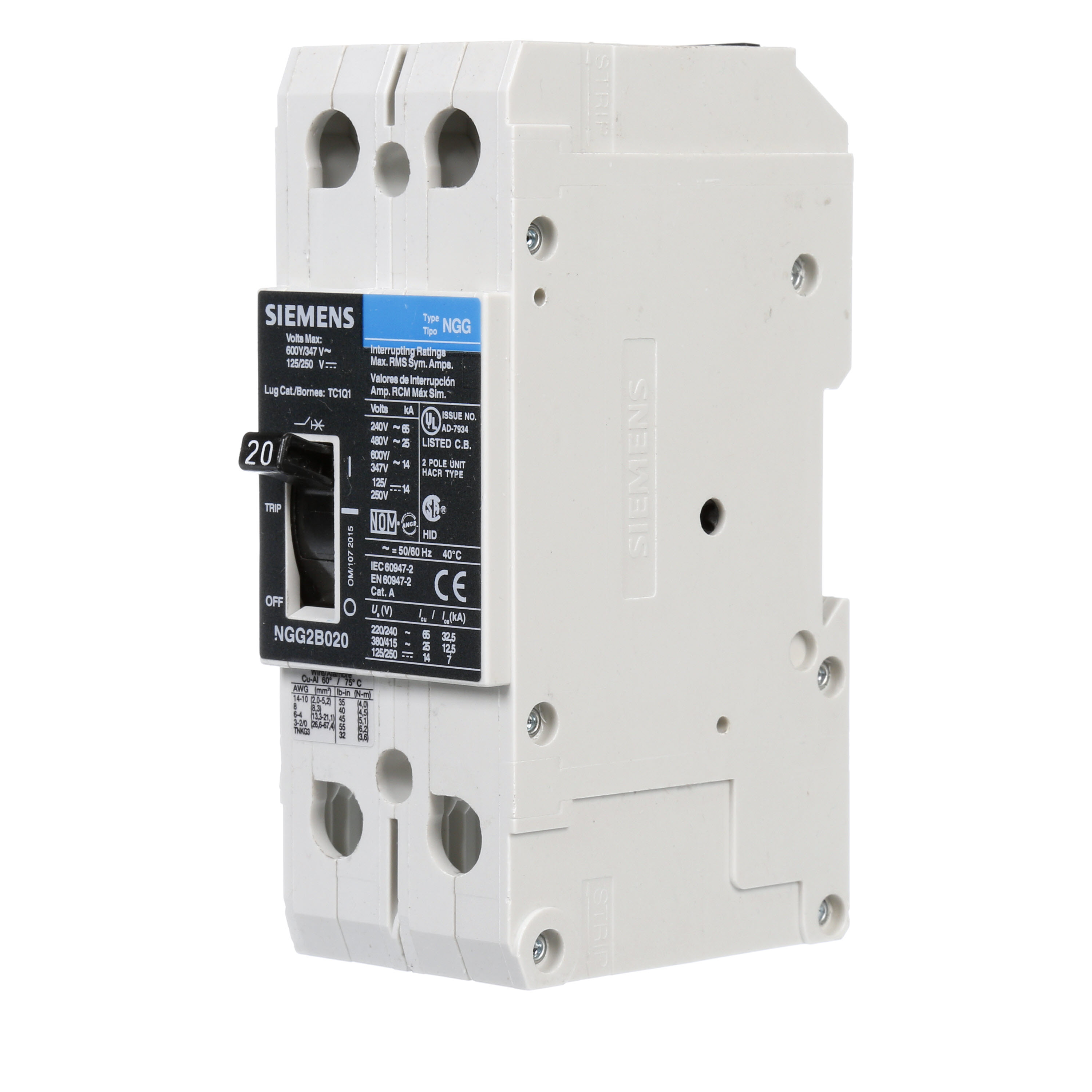 SIEMENS LOW VOLTAGE G FRAME CIRCUIT BREAKER WITH THERMAL - MAGNETIC TRIP. UL LISTED NGG FRAME WITH STANDARD BREAKING CAPACITY. 20A 2-POLE (14KAIC AT 600Y/347V)(25KAIC AT 480V). SPECIAL FEATURES MOUNTS ON DIN RAIL / SCREW, LINE AND LOAD SIDE LUGS (TC1Q1) WIRE RANGE 14 - 10 AWS (CU/AL). DIMENSIONS (W x H x D) IN 2 x 5.4 x 2.8.