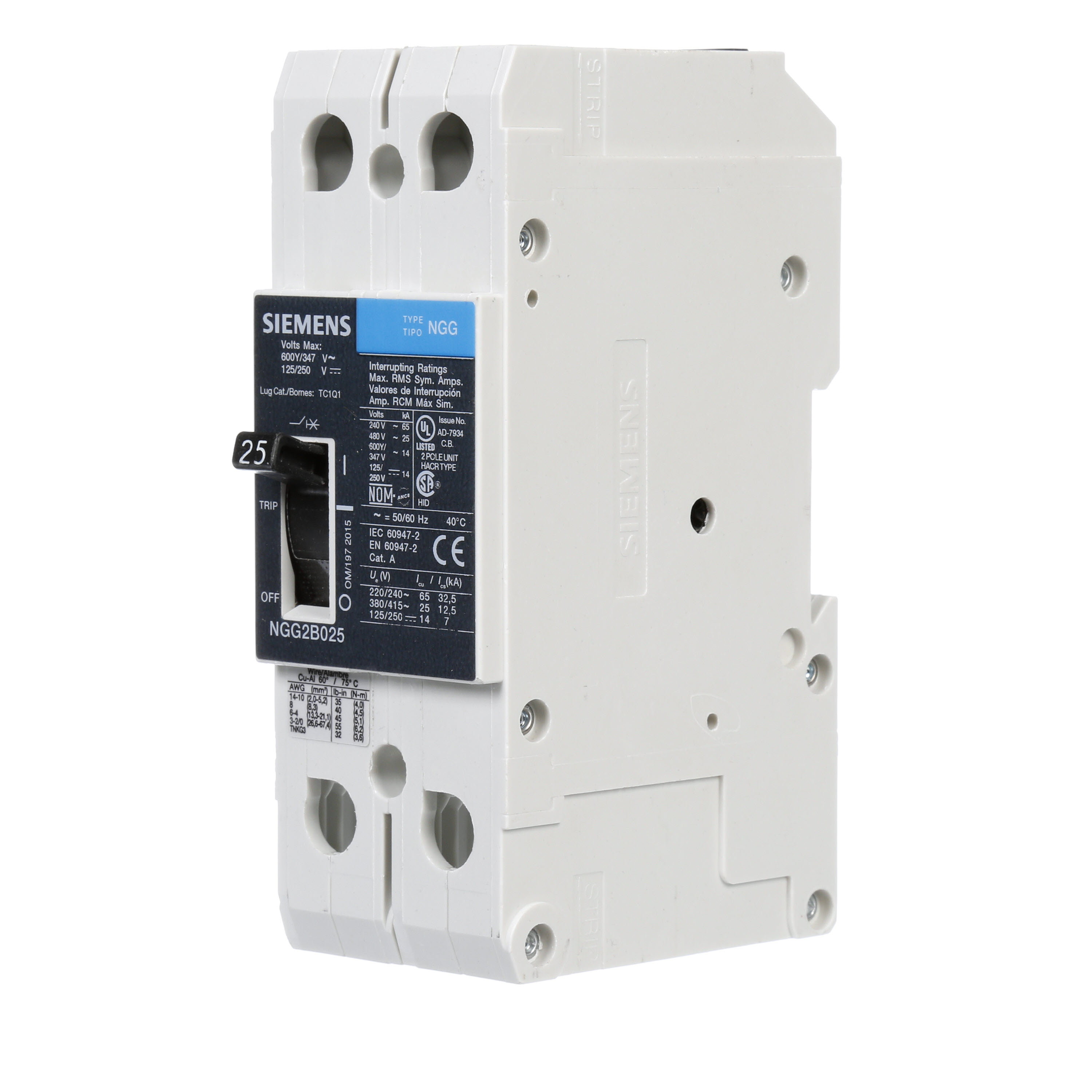 SIEMENS LOW VOLTAGE G FRAME CIRCUIT BREAKER WITH THERMAL - MAGNETIC TRIP. UL LISTED NGG FRAME WITH STANDARD BREAKING CAPACITY. 25A 2-POLE (14KAIC AT 600Y/347V)(25KAIC AT 480V). SPECIAL FEATURES MOUNTS ON DIN RAIL / SCREW, LINE AND LOAD SIDE LUGS (TC1Q1) WIRE RANGE 14 - 10 AWS (CU/AL). DIMENSIONS (W x H x D) IN 2 x 5.4 x 2.8.