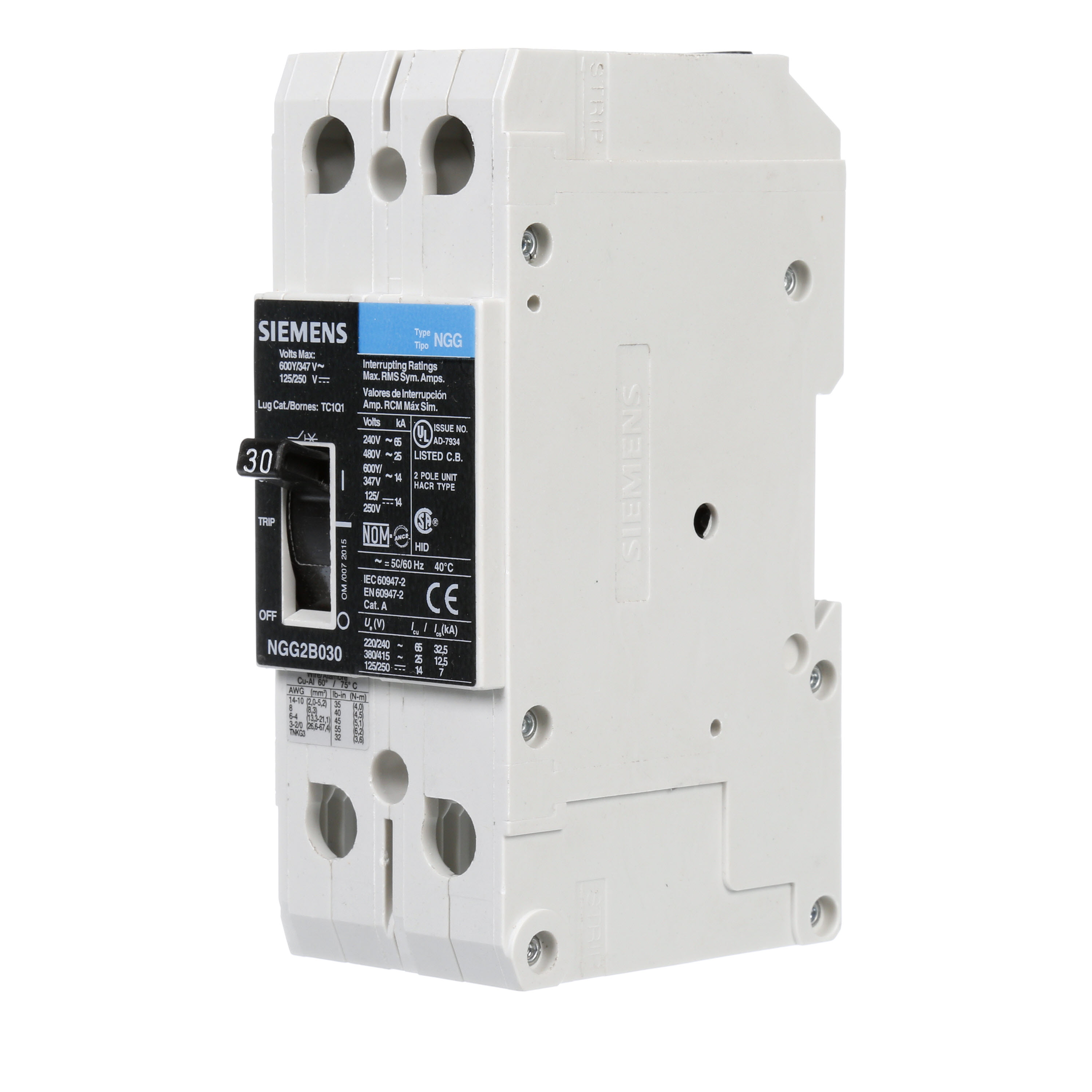 SIEMENS LOW VOLTAGE G FRAME CIRCUIT BREAKER WITH THERMAL - MAGNETIC TRIP. UL LISTED NGG FRAME WITH STANDARD BREAKING CAPACITY. 30A 2-POLE (14KAIC AT 600Y/347V)(25KAIC AT 480V). SPECIAL FEATURES MOUNTS ON DIN RAIL / SCREW, LINE AND LOAD SIDE LUGS (TC1Q1) WIRE RANGE 14 - 10 AWS (CU/AL). DIMENSIONS (W x H x D) IN 2 x 5.4 x 2.8.