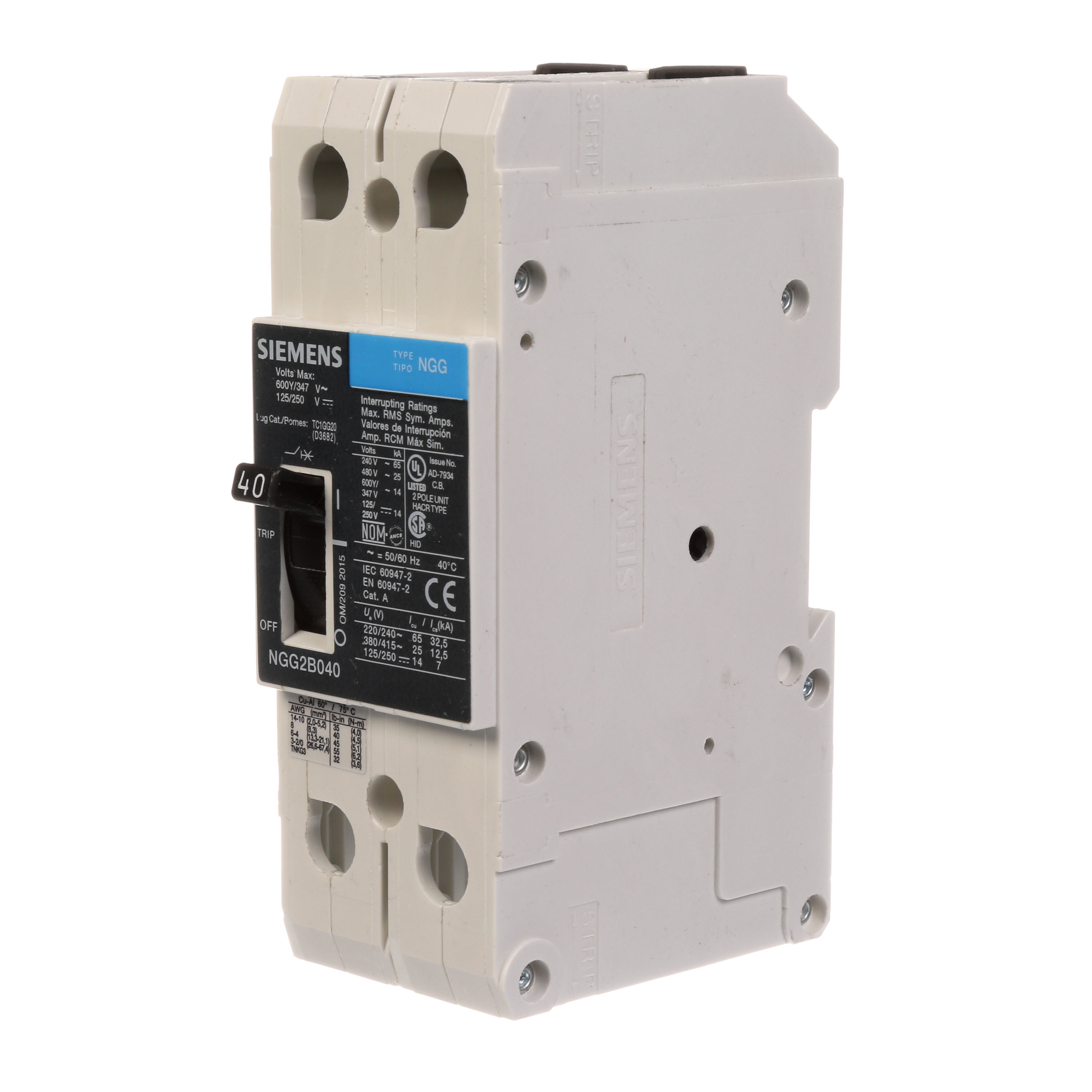 SIEMENS LOW VOLTAGE G FRAME CIRCUIT BREAKER WITH THERMAL - MAGNETIC TRIP. UL LISTED NGG FRAME WITH STANDARD BREAKING CAPACITY. 40A 2-POLE (14KAIC AT 600Y/347V)(25KAIC AT 480V). SPECIAL FEATURES MOUNTS ON DIN RAIL / SCREW, LINE AND LOAD SIDE LUGS (TC1GG20) WIRE RANGE 8 - 1/0 AWS (CU/AL). DIMENSIONS (W x H x D) IN 2 x 5.4 x 2.8.
