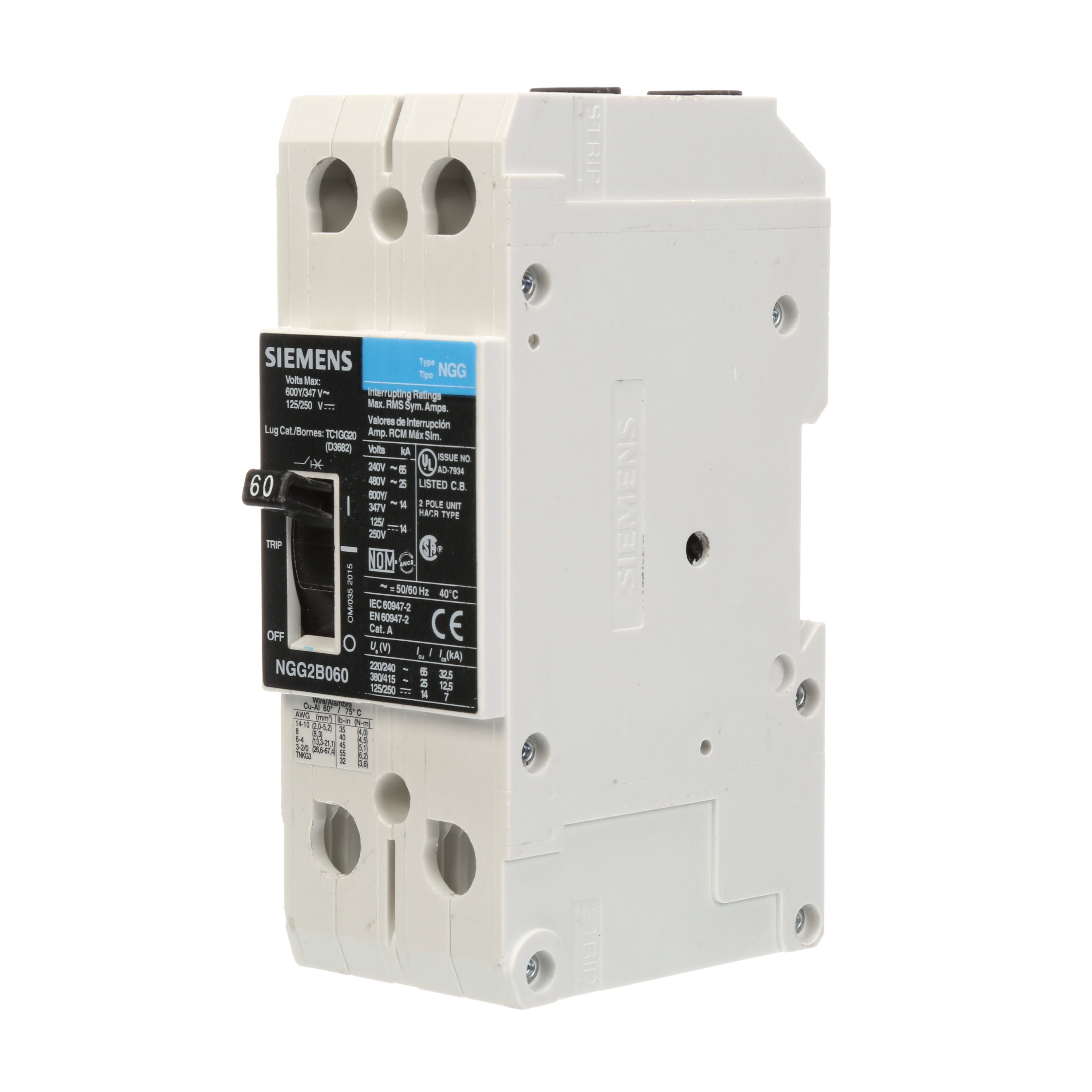 SIEMENS LOW VOLTAGE G FRAME CIRCUIT BREAKER WITH THERMAL - MAGNETIC TRIP. UL LISTED NGG FRAME WITH STANDARD BREAKING CAPACITY. 60A 2-POLE (14KAIC AT 600Y/347V)(25KAIC AT 480V). SPECIAL FEATURES MOUNTS ON DIN RAIL / SCREW, LINE AND LOAD SIDE LUGS (TC1GG20) WIRE RANGE 8 - 1/0 AWS (CU/AL). DIMENSIONS (W x H x D) IN 2 x 5.4 x 2.8.