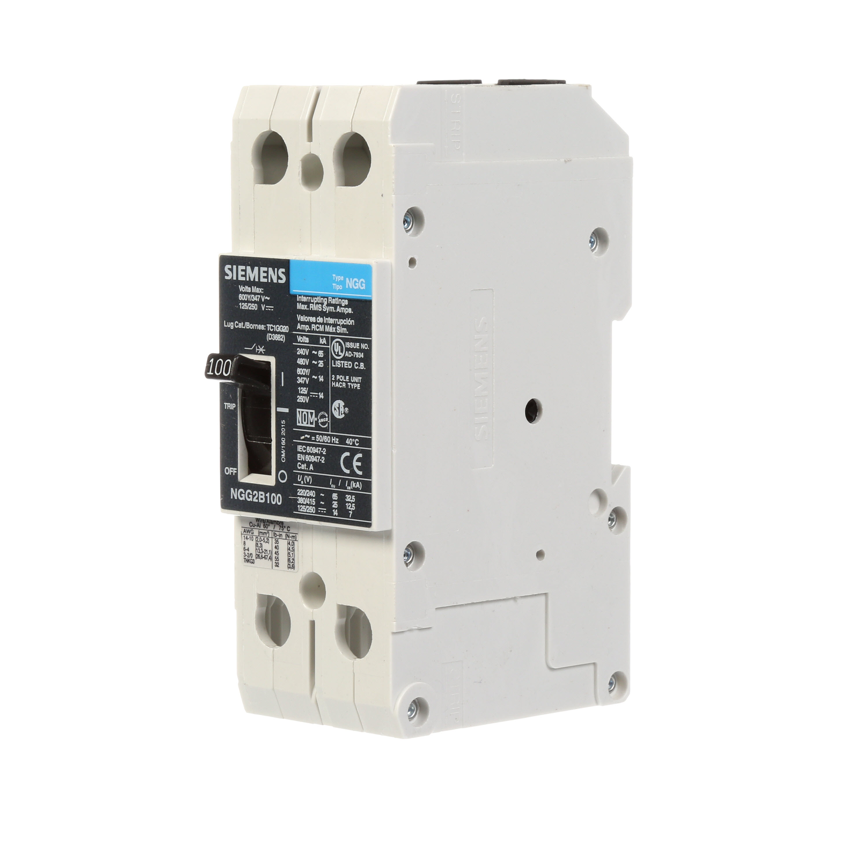 SIEMENS LOW VOLTAGE G FRAME CIRCUIT BREAKER WITH THERMAL - MAGNETIC TRIP. UL LISTED NGG FRAME WITH STANDARD BREAKING CAPACITY. 100A 2-POLE (14KAIC AT 600Y/347V) (25KAIC AT 480V). SPECIAL FEATURES MOUNTS ON DIN RAIL / SCREW, LINE AND LOAD SIDE LUGS (TC1GG20) WIRE RANGE 8 - 1/0 AWS (CU/AL). DIMENSIONS (W x H x D) IN 2 x5.4 x 2.8.