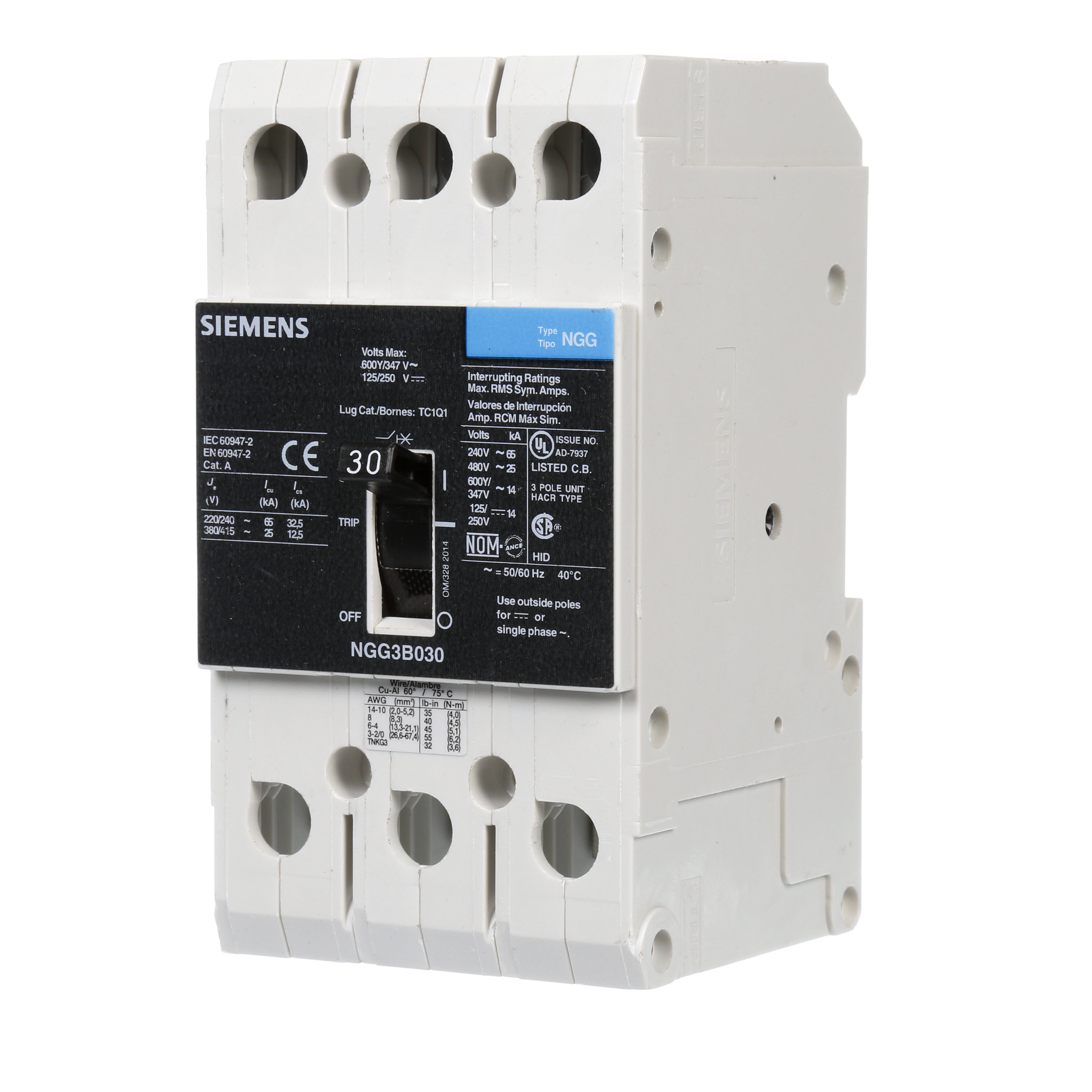 SIEMENS LOW VOLTAGE G FRAME CIRCUIT BREAKER WITH THERMAL - MAGNETIC TRIP. UL LISTED NGG FRAME WITH STANDARD BREAKING CAPACITY. 30A 3-POLE (14KAIC AT 600Y/347V)(25KAIC AT 480V). SPECIAL FEATURES MOUNTS ON DIN RAIL / SCREW, LINE AND LOAD SIDE LUGS (TC1Q1) WIRE RANGE 14 - 10 AWS (CU/AL). DIMENSIONS (W x H x D) IN 3 x 5.4 x 2.8.