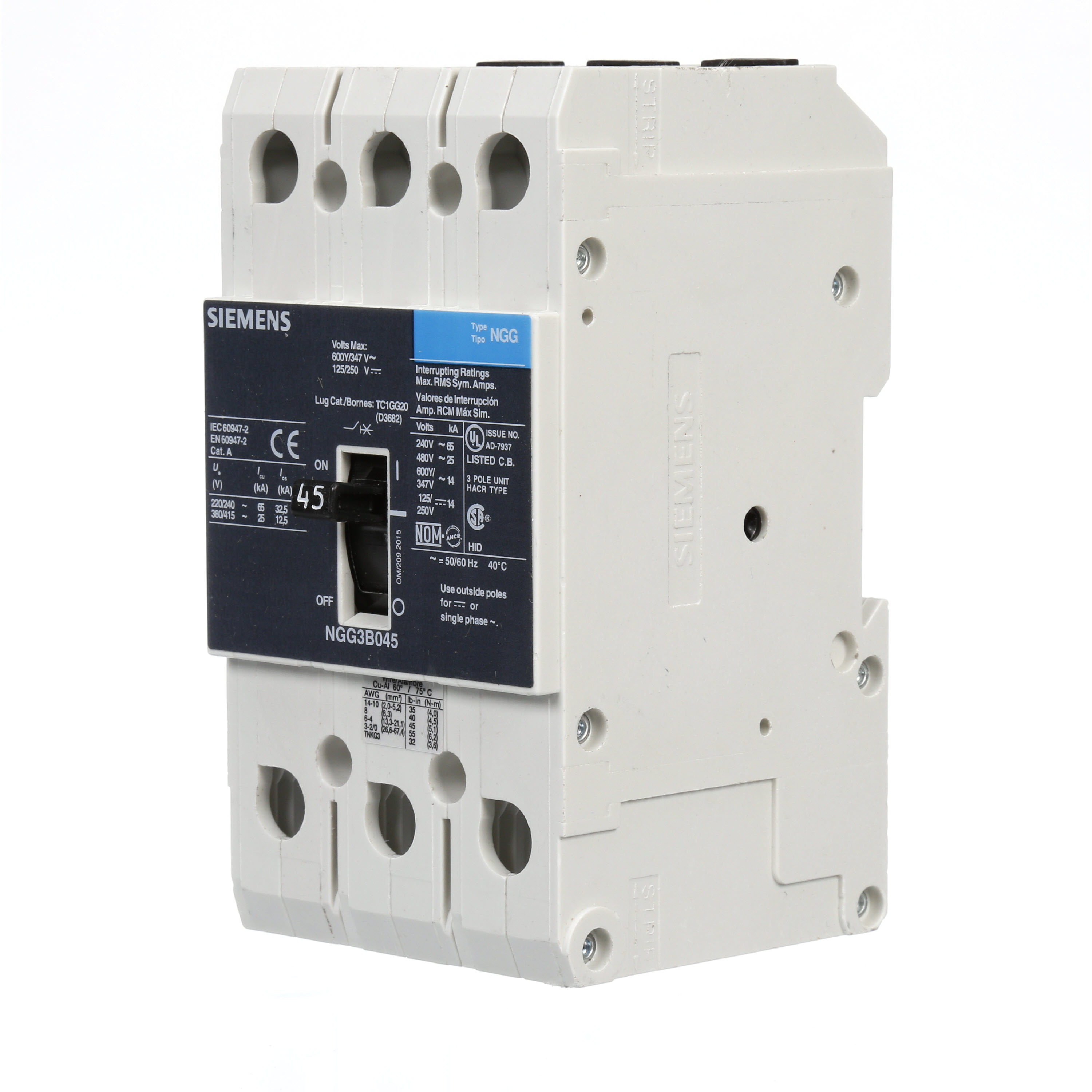 SIEMENS LOW VOLTAGE G FRAME CIRCUIT BREAKER WITH THERMAL - MAGNETIC TRIP. UL LISTED NGG FRAME WITH STANDARD BREAKING CAPACITY. 45A 3-POLE (14KAIC AT 600Y/347V)(25KAIC AT 480V). SPECIAL FEATURES MOUNTS ON DIN RAIL / SCREW, LINE AND LOAD SIDE LUGS (TC1GG20) WIRE RANGE 8 - 1/0 AWS (CU/AL). DIMENSIONS (W x H x D) IN 3 x 5.4 x 2.8.