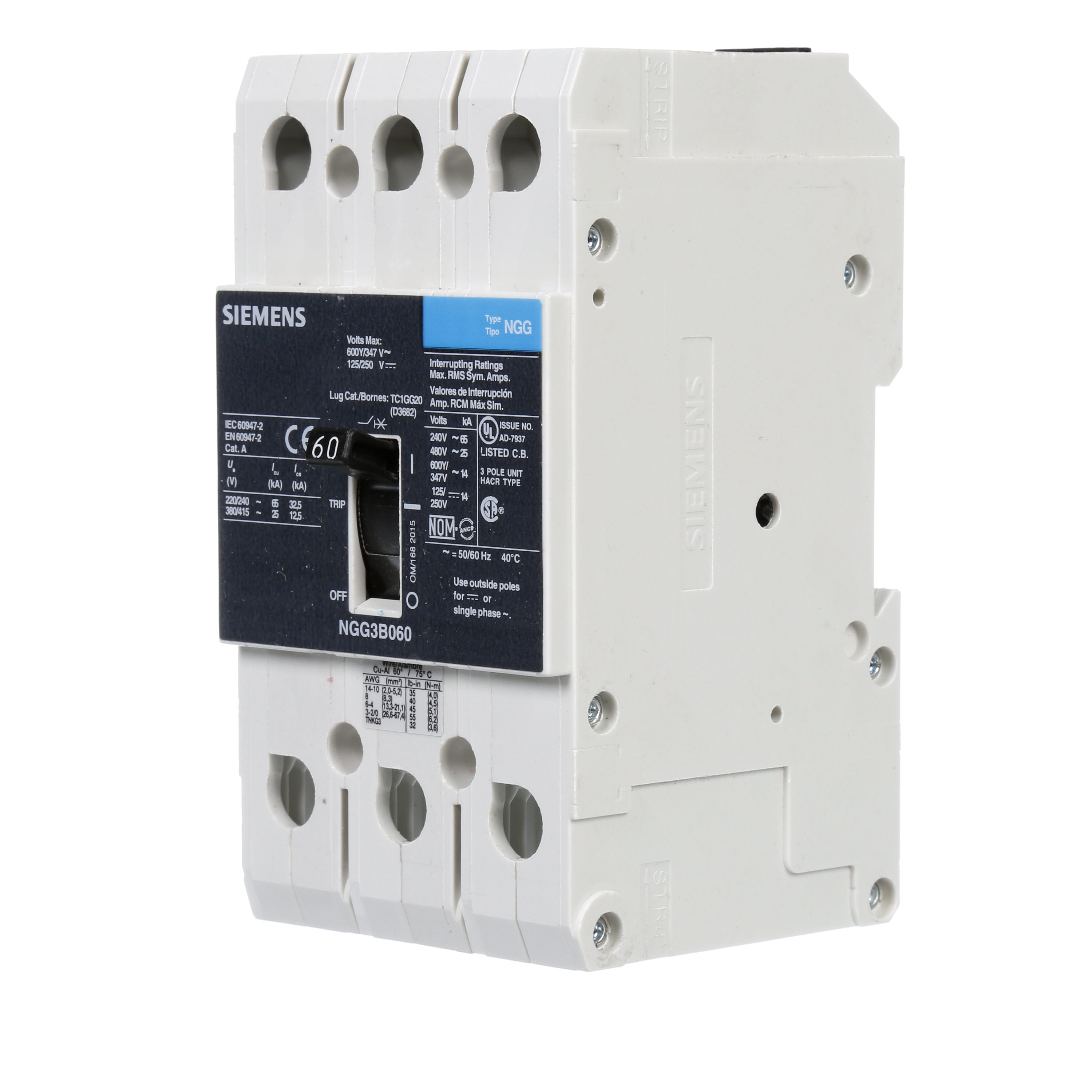 SIEMENS LOW VOLTAGE G FRAME CIRCUIT BREAKER WITH THERMAL - MAGNETIC TRIP. UL LISTED NGG FRAME WITH STANDARD BREAKING CAPACITY. 60A 3-POLE (14KAIC AT 600Y/347V)(25KAIC AT 480V). SPECIAL FEATURES MOUNTS ON DIN RAIL / SCREW, LINE AND LOAD SIDE LUGS (TC1GG20) WIRE RANGE 8 - 1/0 AWS (CU/AL). DIMENSIONS (W x H x D) IN 3 x 5.4 x 2.8.