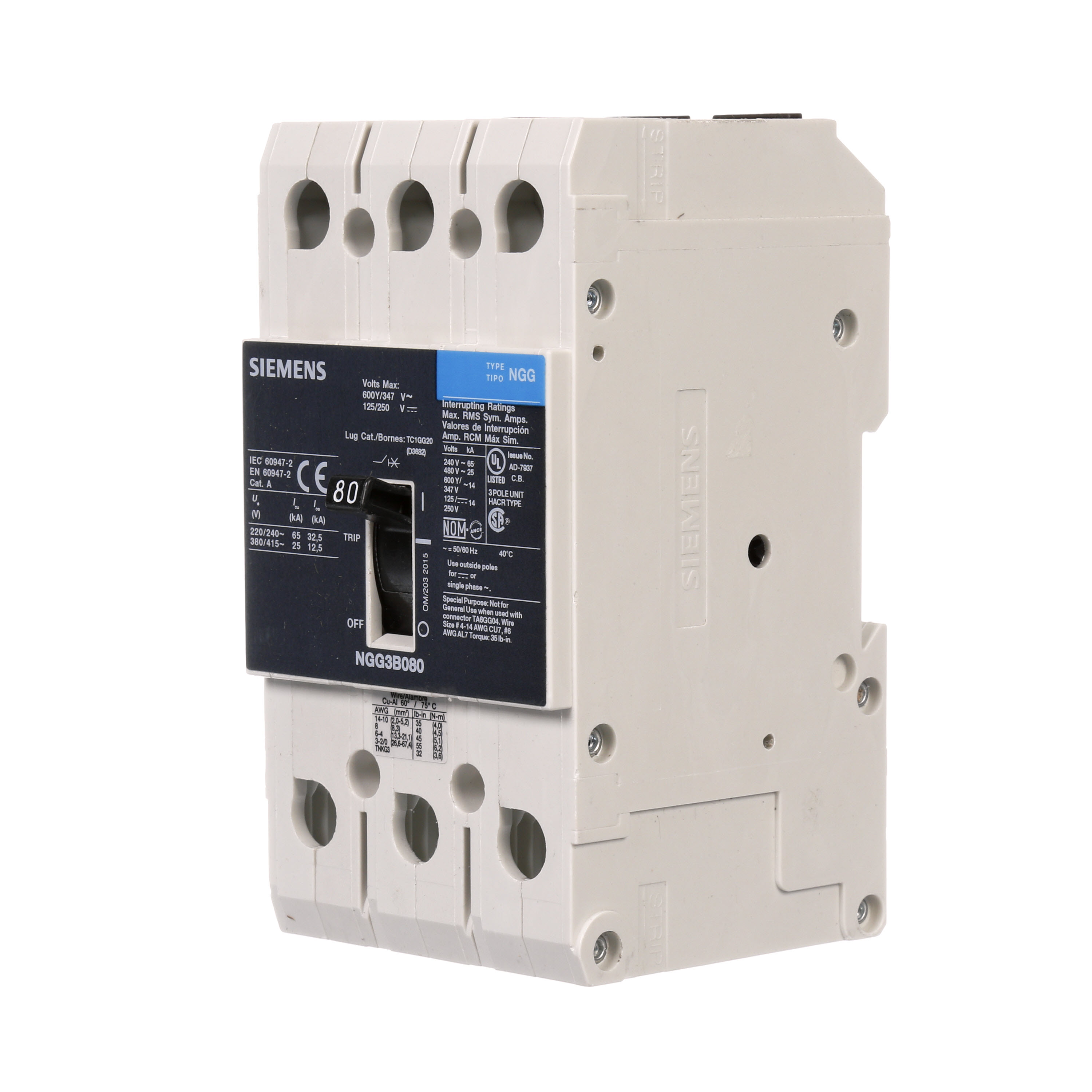 SIEMENS LOW VOLTAGE G FRAME CIRCUIT BREAKER WITH THERMAL - MAGNETIC TRIP. UL LISTED NGG FRAME WITH STANDARD BREAKING CAPACITY. 80A 3-POLE (14KAIC AT 600Y/347V)(25KAIC AT 480V). SPECIAL FEATURES MOUNTS ON DIN RAIL / SCREW, LINE AND LOAD SIDE LUGS (TC1GG20) WIRE RANGE 8 - 1/0 AWS (CU/AL). DIMENSIONS (W x H x D) IN 3 x 5.4 x 2.8.