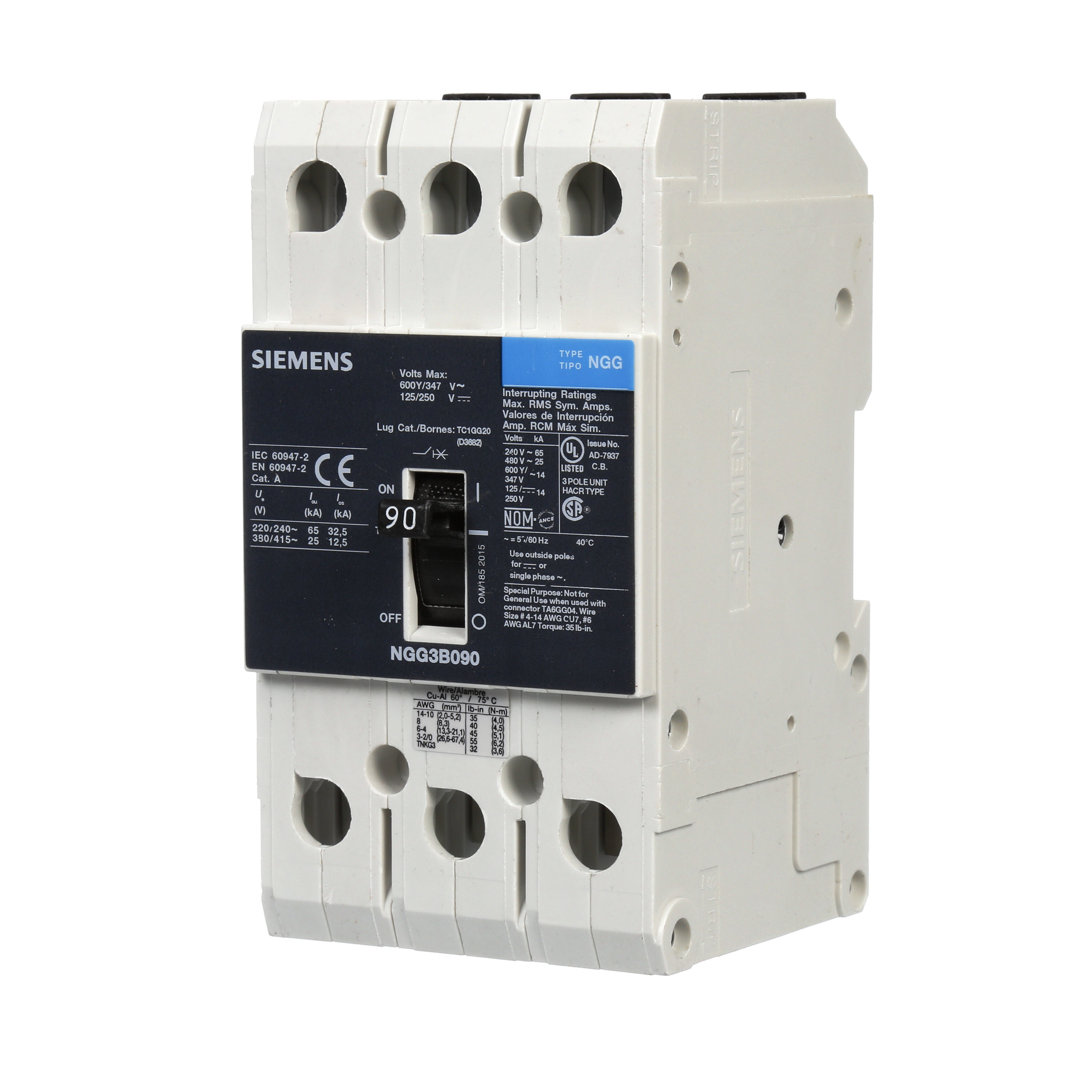 SIEMENS LOW VOLTAGE G FRAME CIRCUIT BREAKER WITH THERMAL - MAGNETIC TRIP. UL LISTED NGG FRAME WITH STANDARD BREAKING CAPACITY. 90A 3-POLE (14KAIC AT 600Y/347V)(25KAIC AT 480V). SPECIAL FEATURES MOUNTS ON DIN RAIL / SCREW, LINE AND LOAD SIDE LUGS (TC1GG20) WIRE RANGE 8 - 1/0 AWS (CU/AL). DIMENSIONS (W x H x D) IN 3 x 5.4 x 2.8.