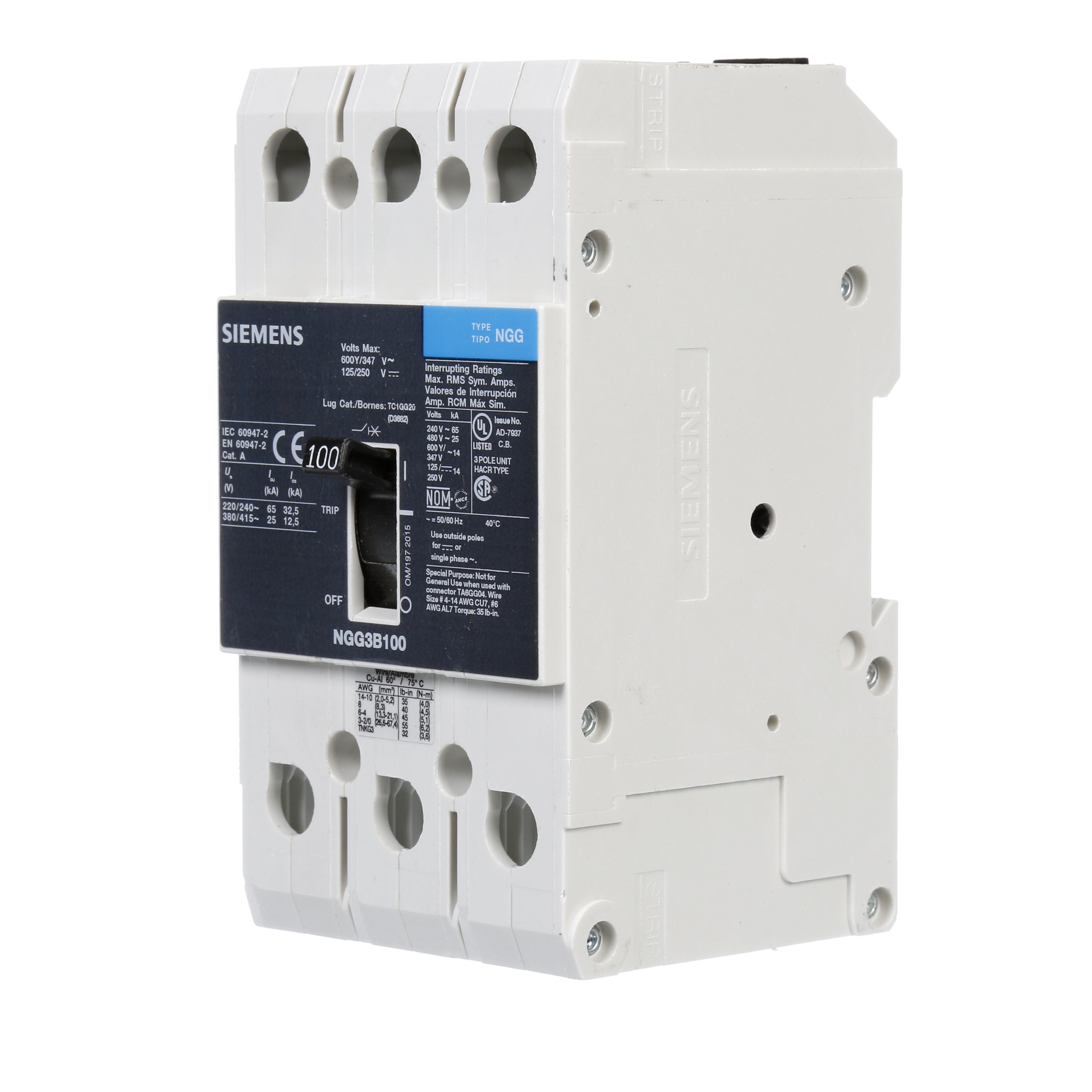 SIEMENS LOW VOLTAGE G FRAME CIRCUIT BREAKER WITH THERMAL - MAGNETIC TRIP. UL LISTED NGG FRAME WITH STANDARD BREAKING CAPACITY. 100A 3-POLE (14KAIC AT 600Y/347V) (25KAIC AT 480V). SPECIAL FEATURES MOUNTS ON DIN RAIL / SCREW, LINE AND LOAD SIDE LUGS (TC1GG20) WIRE RANGE 8 - 1/0 AWS (CU/AL). DIMENSIONS (W x H x D) IN 3 x5.4 x 2.8.