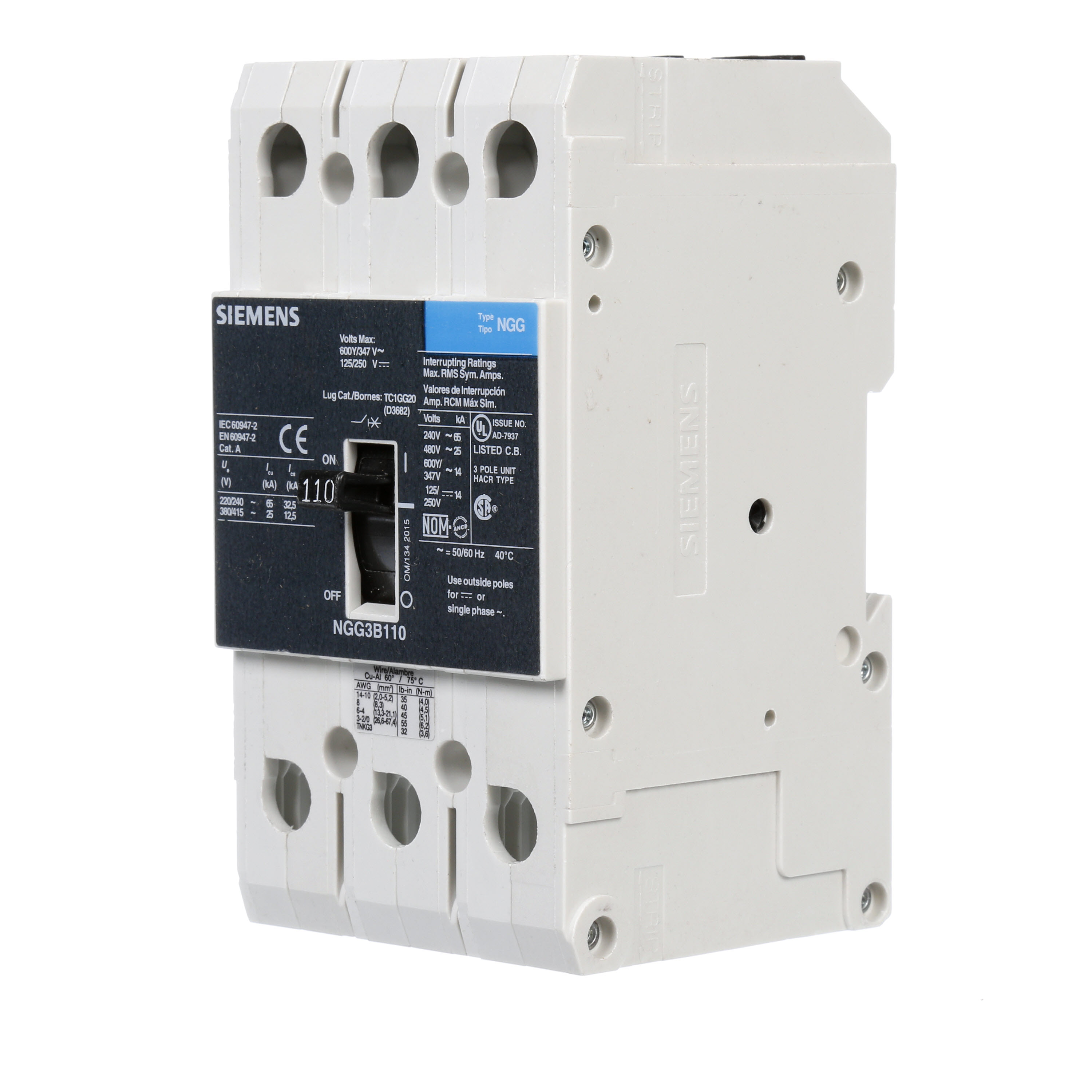 SIEMENS LOW VOLTAGE G FRAME CIRCUIT BREAKER WITH THERMAL - MAGNETIC TRIP. UL LISTED NGG FRAME WITH STANDARD BREAKING CAPACITY. 110A 3-POLE (14KAIC AT 600Y/347V) (25KAIC AT 480V). SPECIAL FEATURES MOUNTS ON DIN RAIL / SCREW, LINE AND LOAD SIDE LUGS (TC1GG20) WIRE RANGE 8 - 1/0 AWS (CU/AL). DIMENSIONS (W x H x D) IN 3 x5.4 x 2.8.