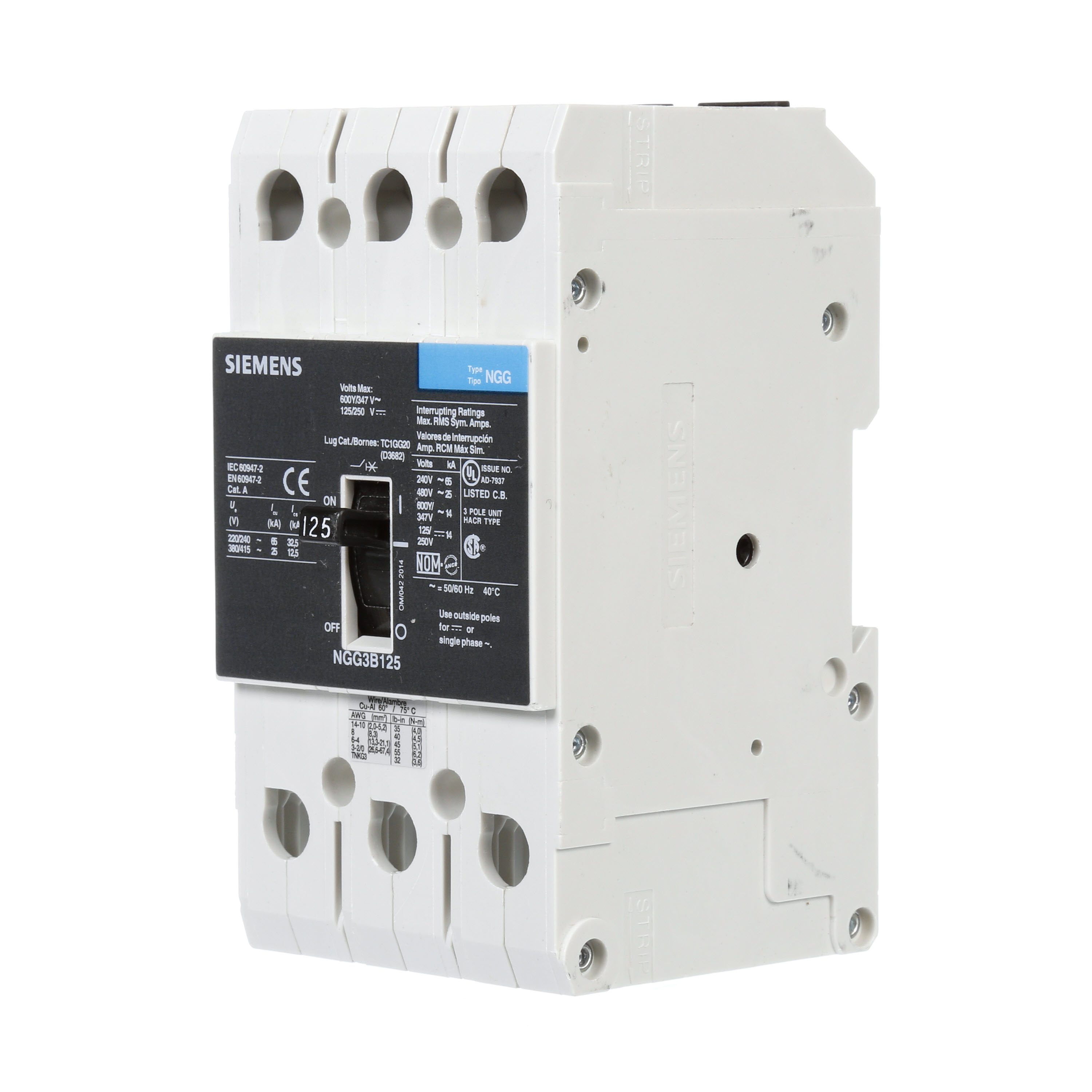 SIEMENS LOW VOLTAGE G FRAME CIRCUIT BREAKER WITH THERMAL - MAGNETIC TRIP. UL LISTED NGG FRAME WITH STANDARD BREAKING CAPACITY. 125A 3-POLE (14KAIC AT 600Y/347V) (25KAIC AT 480V). SPECIAL FEATURES MOUNTS ON DIN RAIL / SCREW, LINE AND LOAD SIDE LUGS (TC1GG20) WIRE RANGE 8 - 1/0 AWS (CU/AL). DIMENSIONS (W x H x D) IN 3 x5.4 x 2.8.