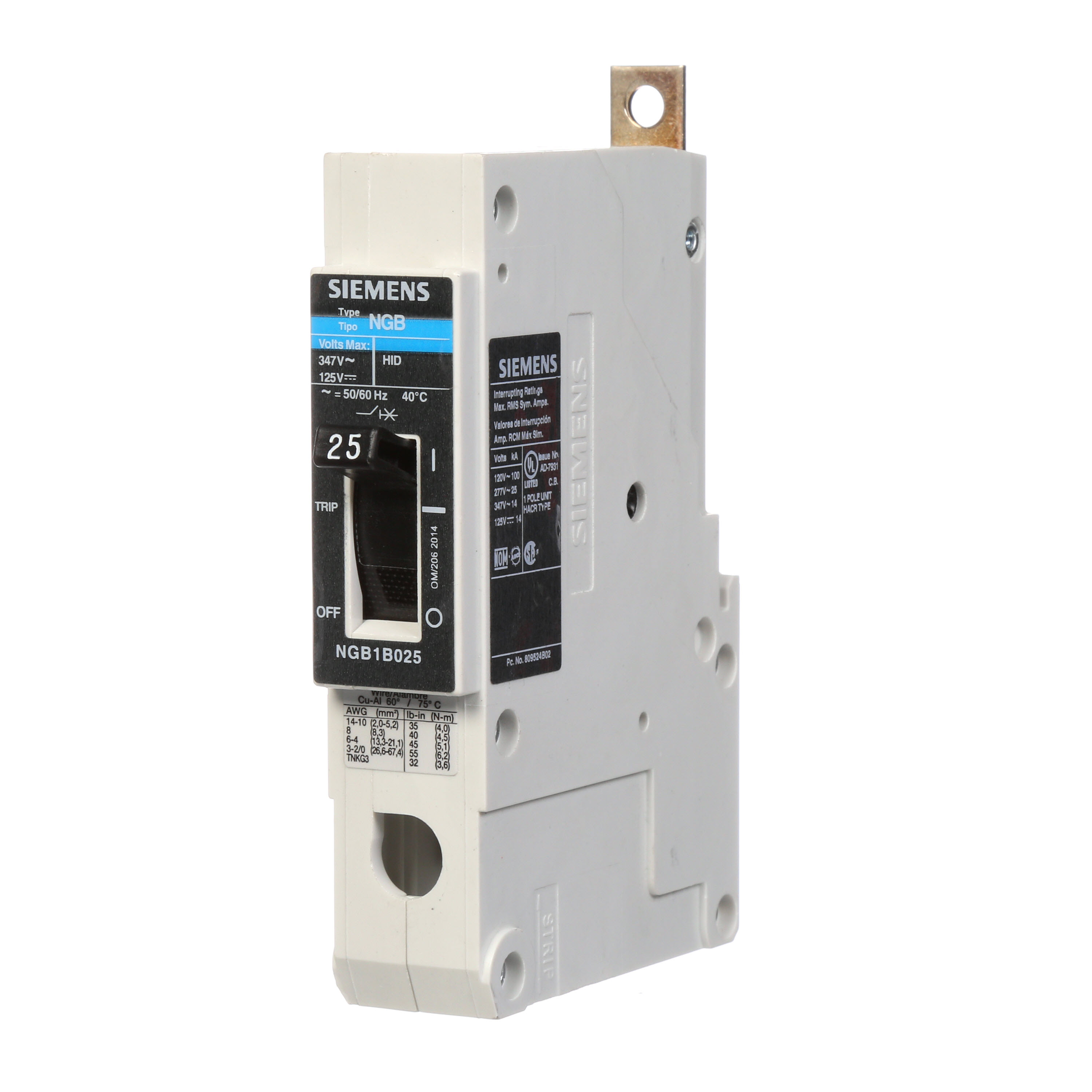 BREAKER NGB 1P 25A 347V 14KA LD LUG W/LOAD LUGS INDIV PK