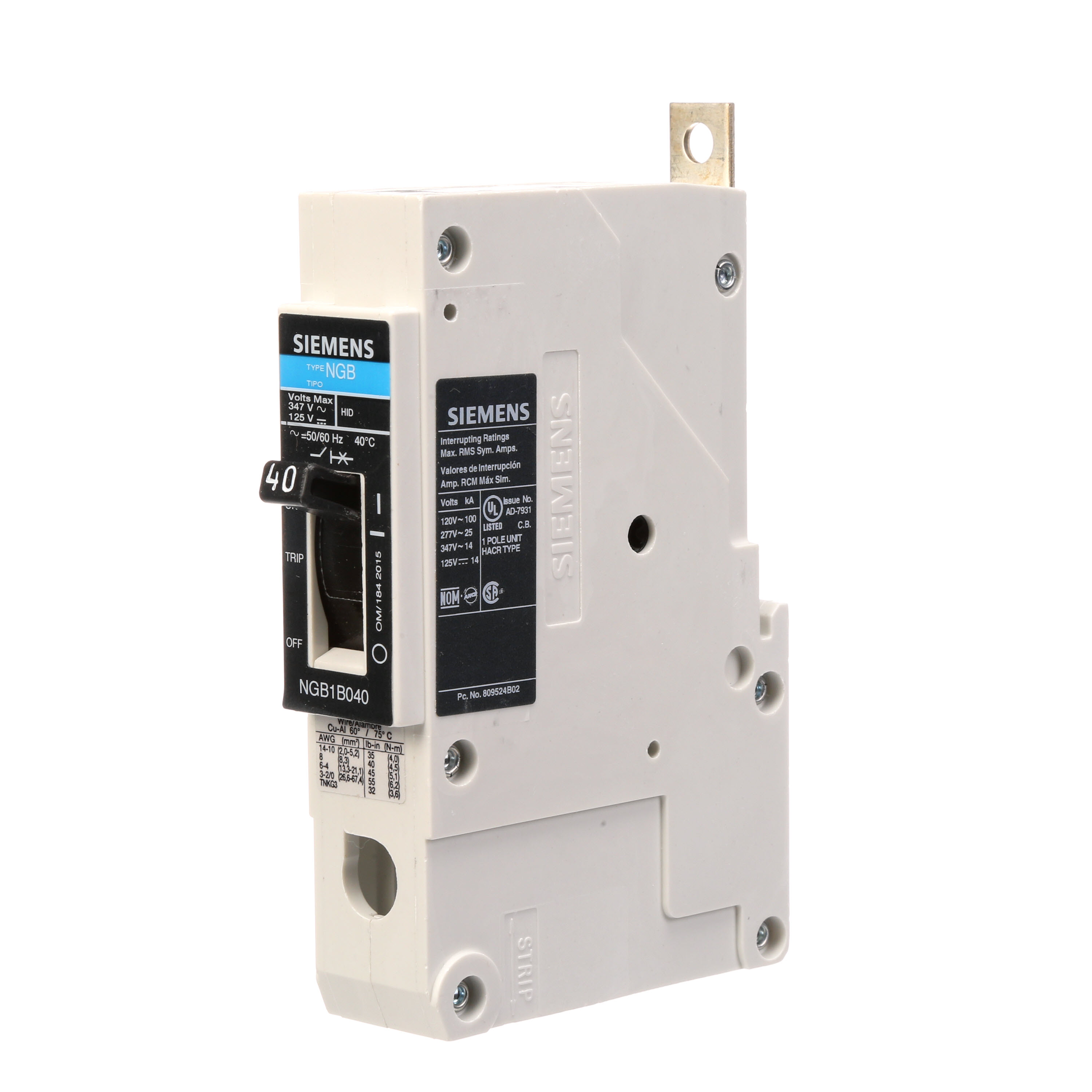 BREAKER NGB 1P 40A 347V 14KA LD LUG W/LOAD LUGS INDIV PK