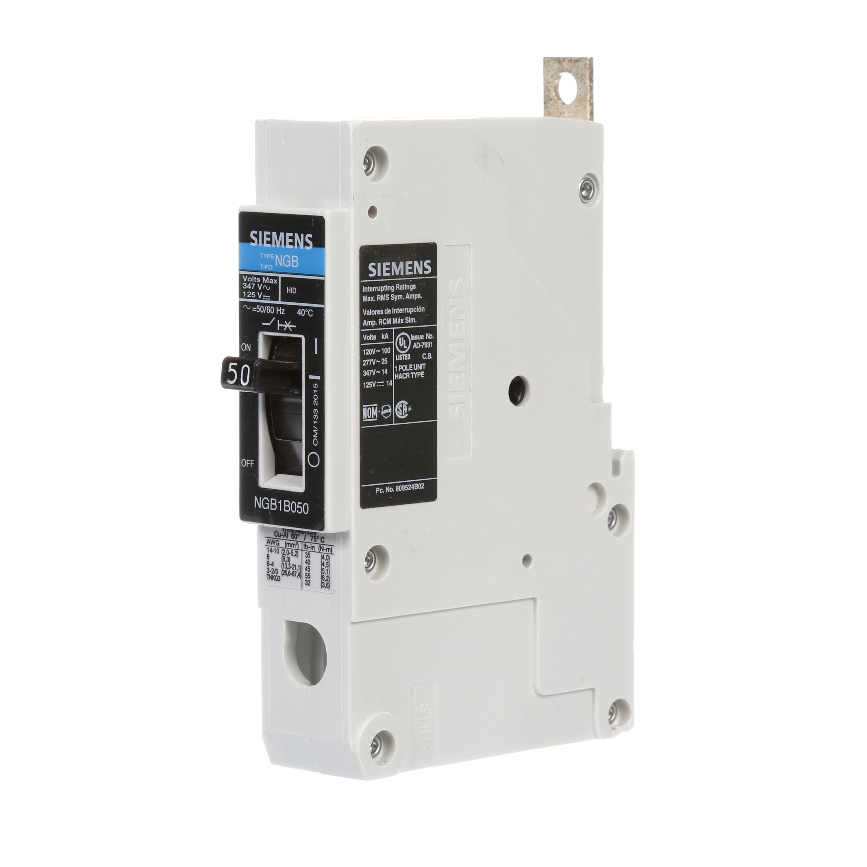 BREAKER NGB 1P 50A 347V 14KA LD LUG W/LOAD LUGS INDIV PK