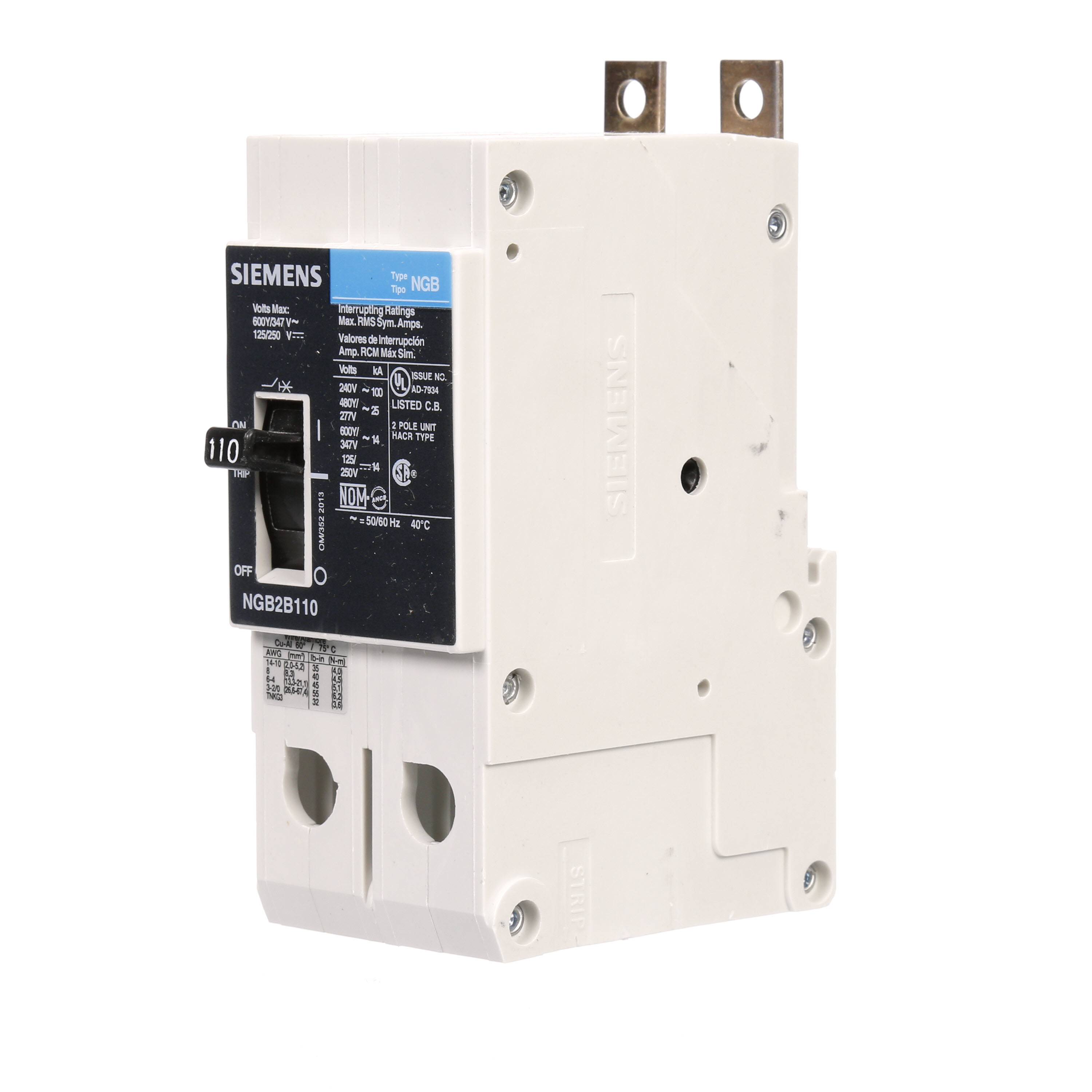SIEMENS LOW VOLTAGE PANELBOARD MOUNT G FRAME CIRCUIT BREAKER WITH THERMAL - MAGNETIC TRIP. UL LISTED NGB FRAME WITH STANDARD BREAKING CAPACITY. 110A 2-POLE (14KAIC AT 600Y/347V) (25KAIC AT 480Y/277V). SPECIAL FEATURES MOUNTS ON PANELBOARD,LOAD SIDE LUGS ONLY (TC1GG20) WIRE RANGE 8 - 1/0 AWS (CU/AL). DIMENSIONS (W x Hx D) IN 2 x 5.4 x 2.8.