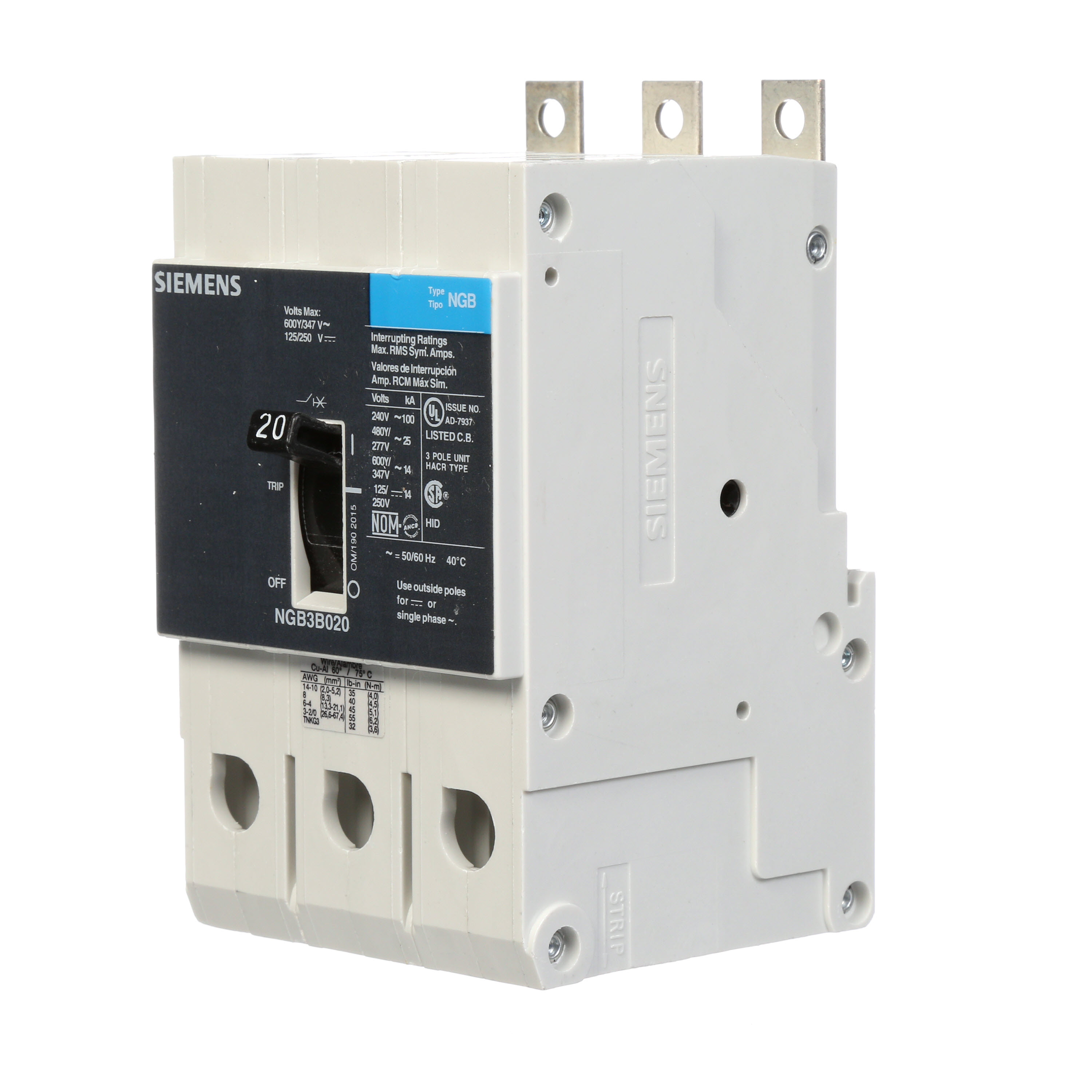 Product image for Siemens NGB3B020B 3-Pole 20 Amp 600 Volt 14 kA Molded Case Circuit Breaker