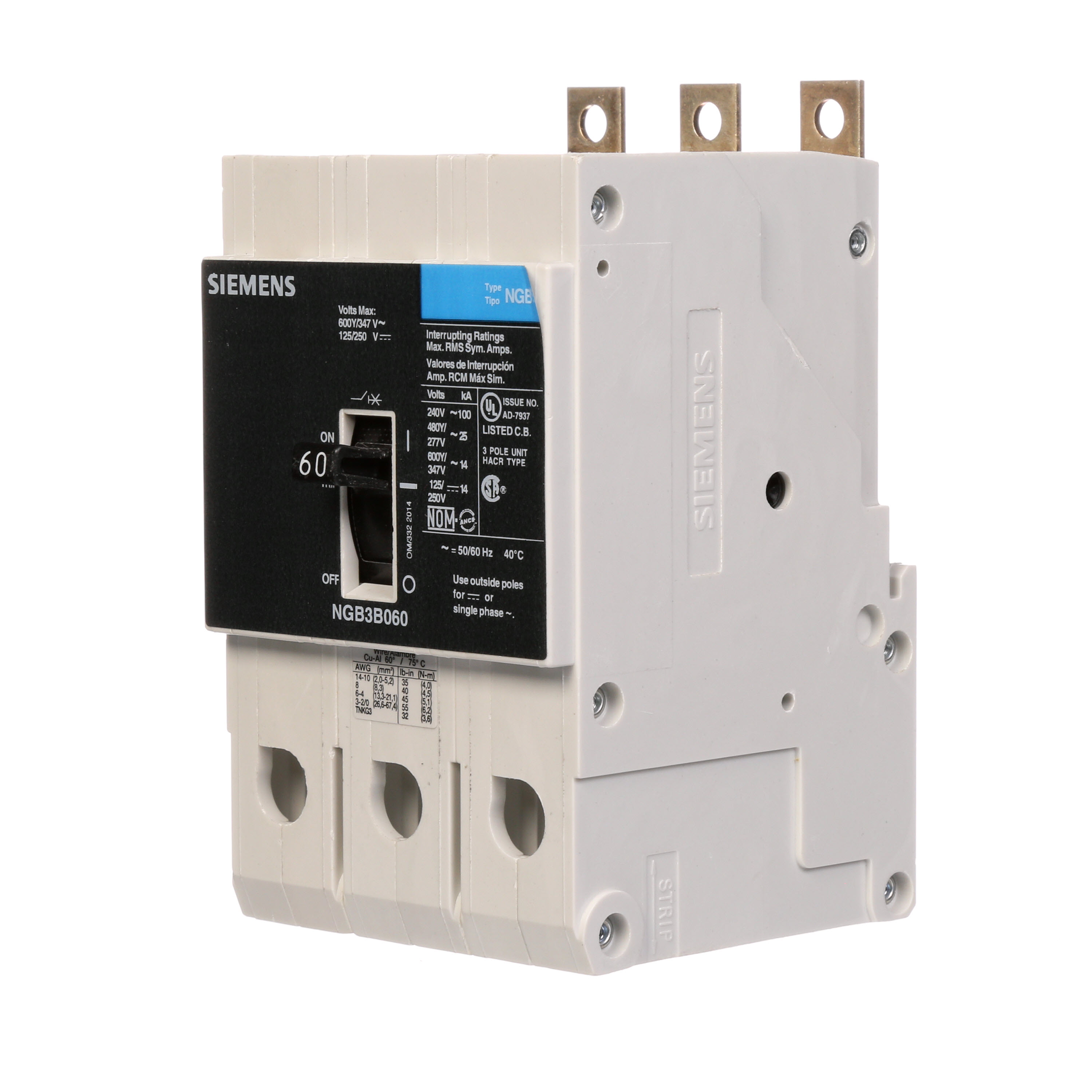 SIEMENS LOW VOLTAGE PANELBOARD MOUNT G FRAME CIRCUIT BREAKER WITH THERMAL - MAGNETIC TRIP. UL LISTED NGB FRAME WITH STANDARD BREAKING CAPACITY. 60A 3-POLE (14KAIC AT 600Y/347V) (25KAIC AT 480Y/277V). SPECIAL FEATURES MOUNTS ON PANELBOARD, LOAD SIDE LUGS ONLY (TC1GG20) WIRE RANGE 8 - 1/0 AWS (CU/AL). DIMENSIONS (W x H x D) IN 3 x 5.4 x 2.8.