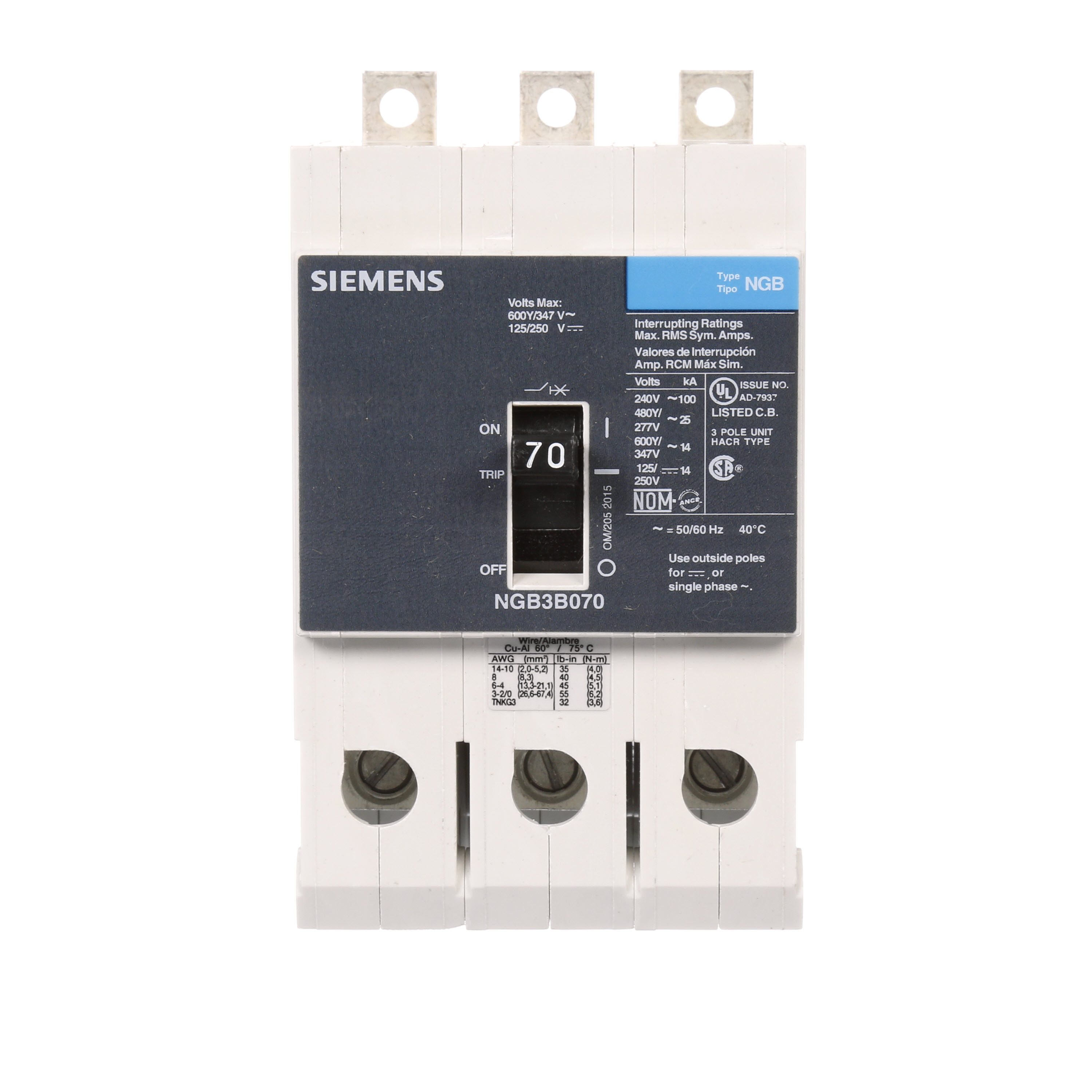 SIEMENS LOW VOLTAGE PANELBOARD MOUNT G FRAME CIRCUIT BREAKER WITH THERMAL - MAGNETIC TRIP. UL LISTED NGB FRAME WITH STANDARD BREAKING CAPACITY. 70A 3-POLE (14KAIC AT 600Y/347V) (25KAIC AT 480Y/277V). SPECIAL FEATURES MOUNTS ON PANELBOARD, LOAD SIDE LUGS ONLY (TC1GG20) WIRE RANGE 8 - 1/0 AWS (CU/AL). DIMENSIONS (W x H x D) IN 3 x 5.4 x 2.8.