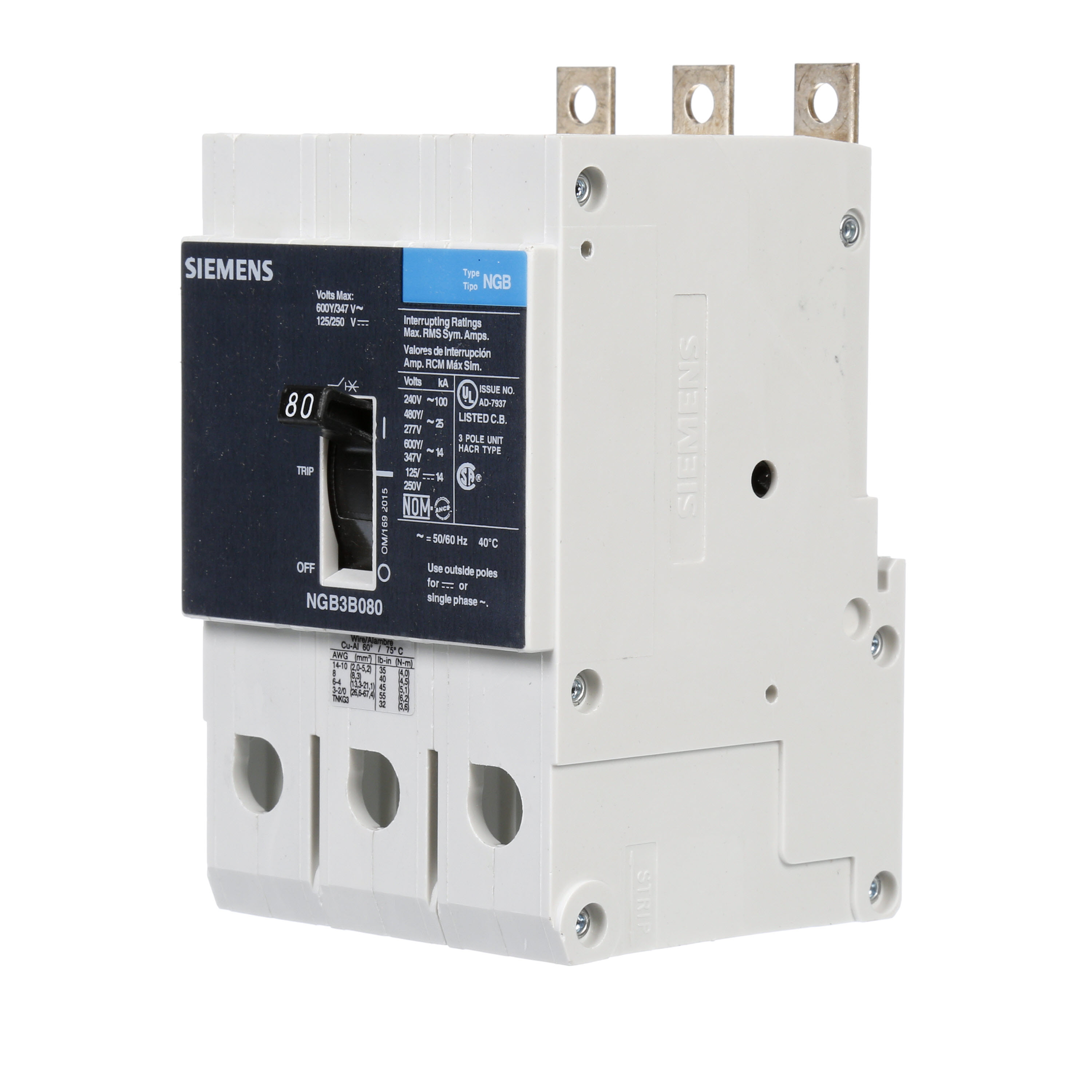 SIEMENS LOW VOLTAGE PANELBOARD MOUNT G FRAME CIRCUIT BREAKER WITH THERMAL - MAGNETIC TRIP. UL LISTED NGB FRAME WITH STANDARD BREAKING CAPACITY. 80A 3-POLE (14KAIC AT 600Y/347V) (25KAIC AT 480Y/277V). SPECIAL FEATURES MOUNTS ON PANELBOARD, LOAD SIDE LUGS ONLY (TC1GG20) WIRE RANGE 8 - 1/0 AWS (CU/AL). DIMENSIONS (W x H x D) IN 3 x 5.4 x 2.8.