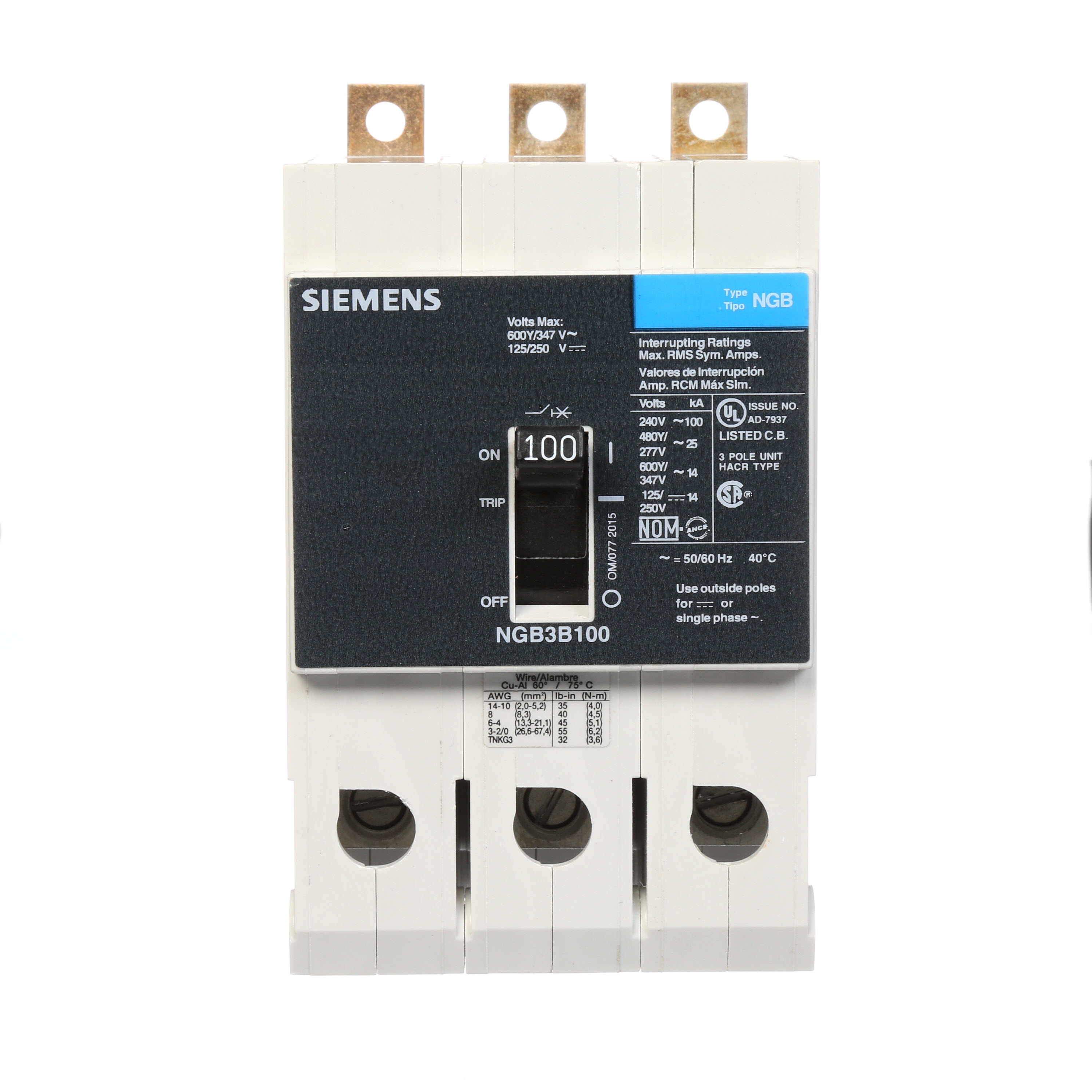 SIEMENS LOW VOLTAGE PANELBOARD MOUNT G FRAME CIRCUIT BREAKER WITH THERMAL - MAGNETIC TRIP. UL LISTED NGB FRAME WITH STANDARD BREAKING CAPACITY. 100A 3-POLE (14KAIC AT 600Y/347V) (25KAIC AT 480Y/277V). SPECIAL FEATURES MOUNTS ON PANELBOARD,LOAD SIDE LUGS ONLY (TC1GG20) WIRE RANGE 8 - 1/0 AWS (CU/AL). DIMENSIONS (W x Hx D) IN 3 x 5.4 x 2.8.