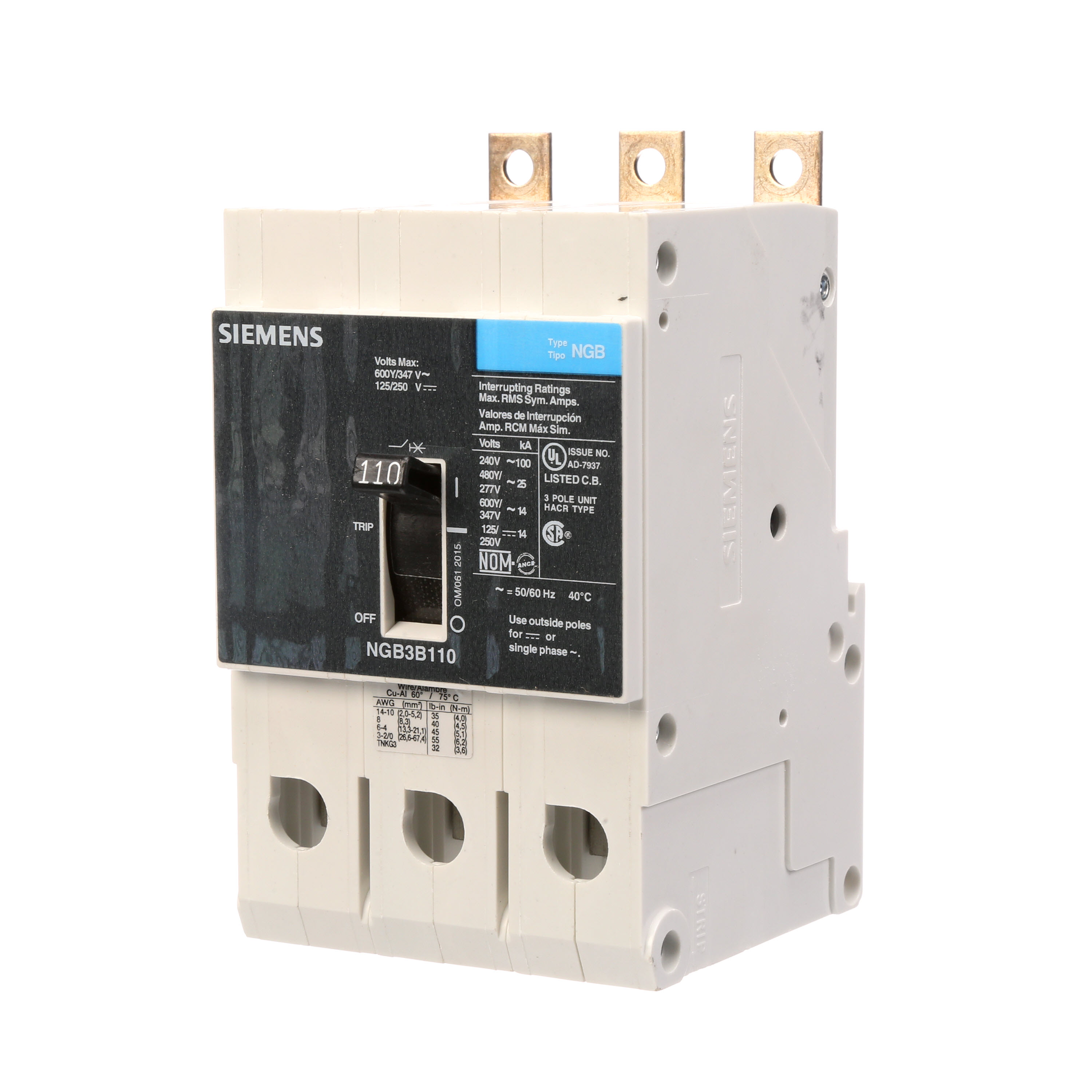 SIEMENS LOW VOLTAGE PANELBOARD MOUNT G FRAME CIRCUIT BREAKER WITH THERMAL - MAGNETIC TRIP. UL LISTED NGB FRAME WITH STANDARD BREAKING CAPACITY. 110A 3-POLE (14KAIC AT 600Y/347V) (25KAIC AT 480Y/277V). SPECIAL FEATURES MOUNTS ON PANELBOARD,LOAD SIDE LUGS ONLY (TC1GG20) WIRE RANGE 8 - 1/0 AWS (CU/AL). DIMENSIONS (W x Hx D) IN 3 x 5.4 x 2.8.