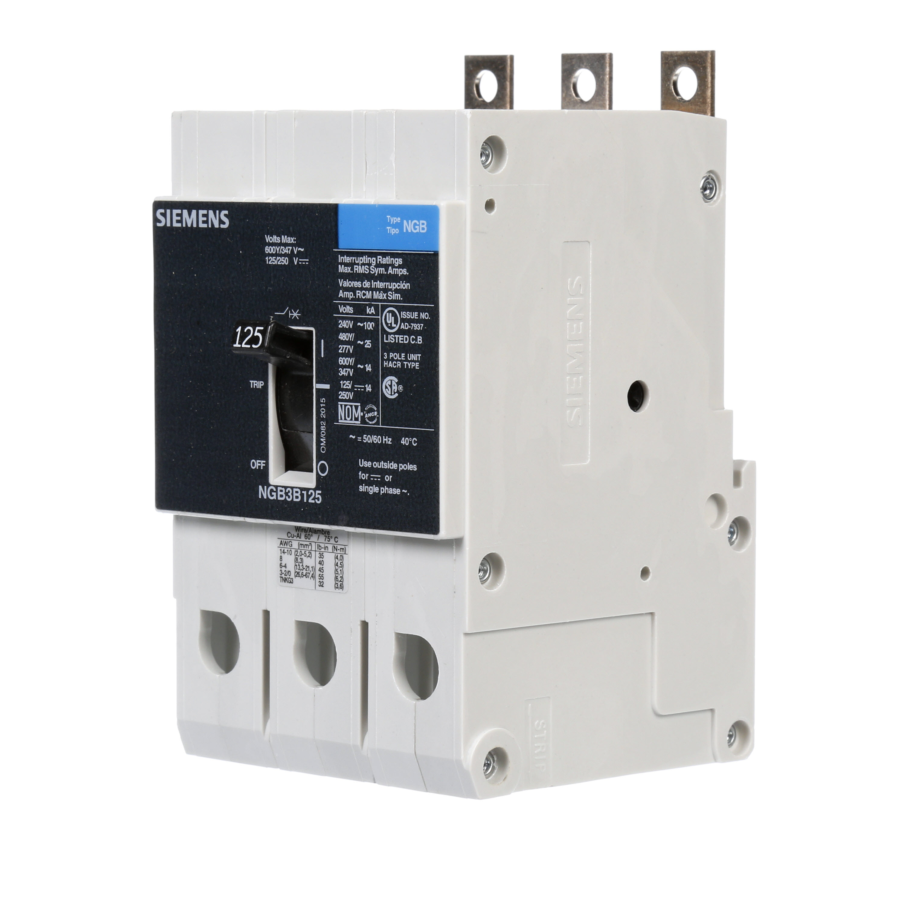 SIEMENS LOW VOLTAGE PANELBOARD MOUNT G FRAME CIRCUIT BREAKER WITH THERMAL - MAGNETIC TRIP. UL LISTED NGB FRAME WITH STANDARD BREAKING CAPACITY. 125A 3-POLE (14KAIC AT 600Y/347V) (25KAIC AT 480Y/277V). SPECIAL FEATURES MOUNTS ON PANELBOARD,LOAD SIDE LUGS ONLY (TC1GG20) WIRE RANGE 8 - 1/0 AWS (CU/AL). DIMENSIONS (W x Hx D) IN 3 x 5.4 x 2.8.