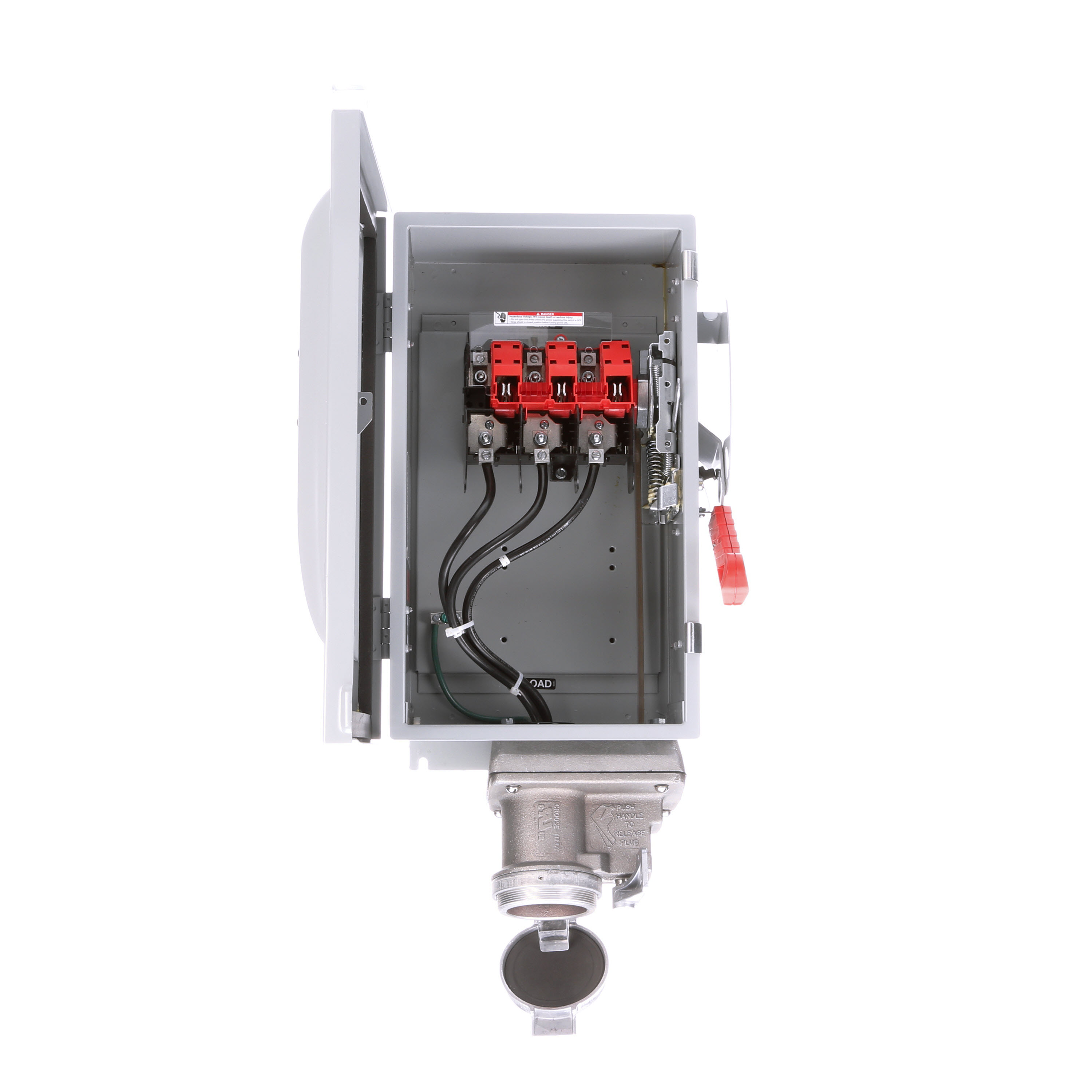 Siemens Low Voltage Circuit Protection Heavy Duty Safety Switch. 3-Pole 3-Wire Non-Fused in a type 12 industrial enclosure. Rated 600VAC (60A). Special features Crouse-Hinds interlocked receptacle, viewing window.