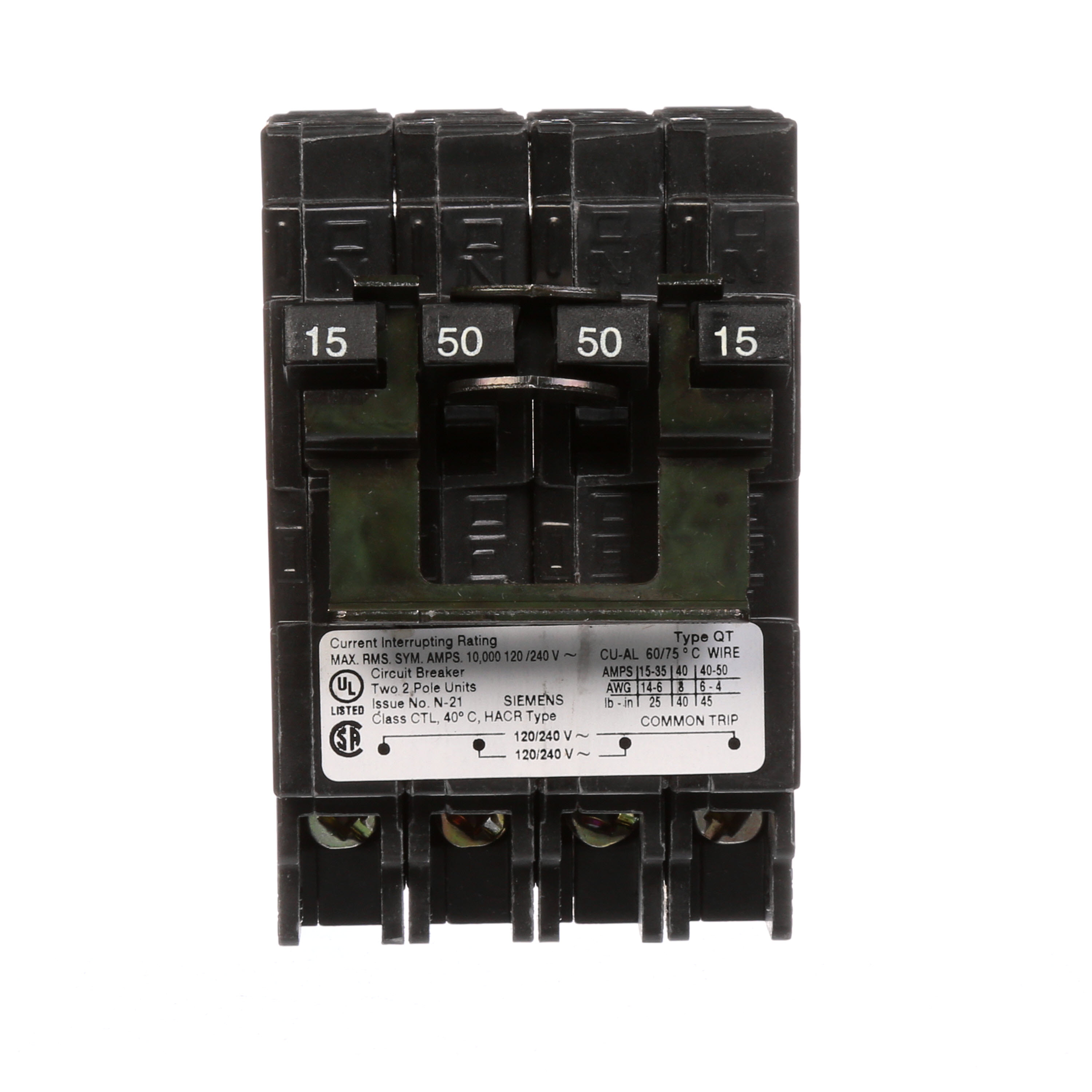 Siemens Low Voltage Residential Circuit Breakers Miniature Thermal Mag Circuit Breakers - Duplex, Triplex, Quadplex are Circuit Protection Load Center Mains, Feeders, and Miniature Circuit Breakers. Type QT Application Electrical Distribution Standard UL 489 Voltage Rating 120/240V Amperage Rating 15-50A Trip Range Thermal Magnetic Interrupt Rating 10 AIC Number Of Poles 2P