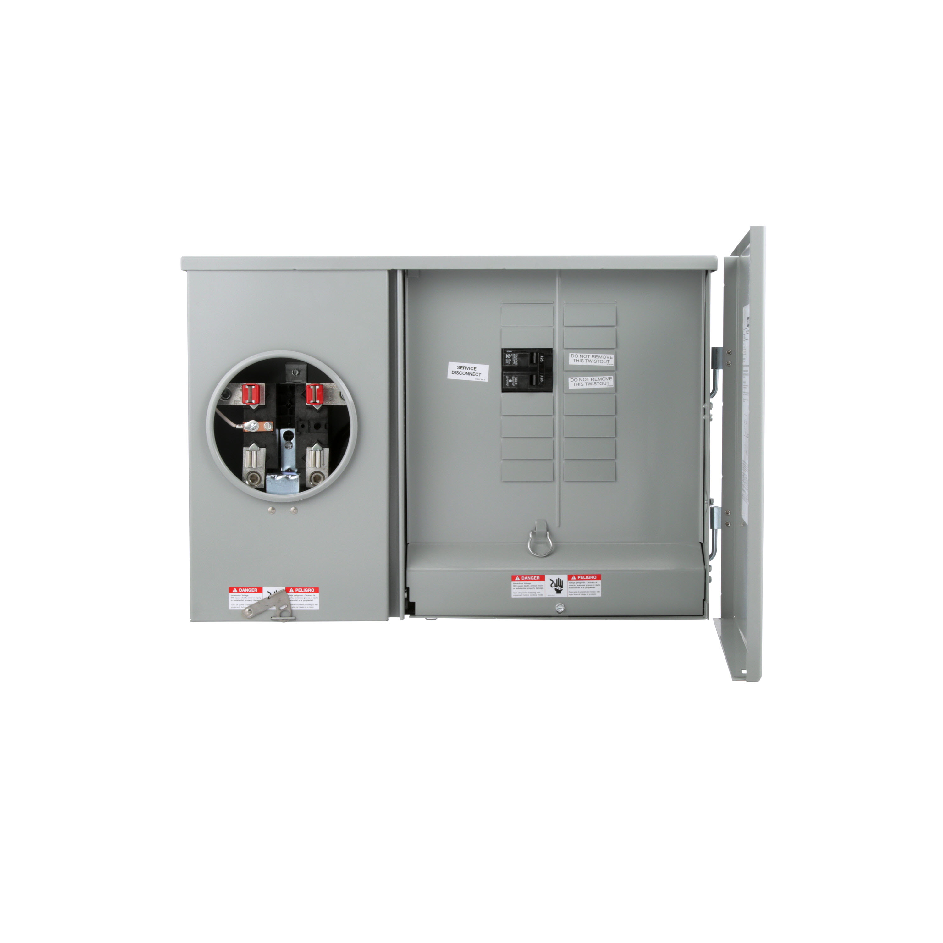 SIEMENS LOW VOLTAGE METER LOAD CENTER COMBINATION. FACTORY INSTALLED MAIN BREAKER 12 (1 INCH) SPACES INTERIOR ALLOWING MAX 24 CIRCUITS. 4-JAW METER / 1-PHASE SYSTEM RATED 125A. SPECIAL FEATURES OH/UG FEED, RING TYPE COVER