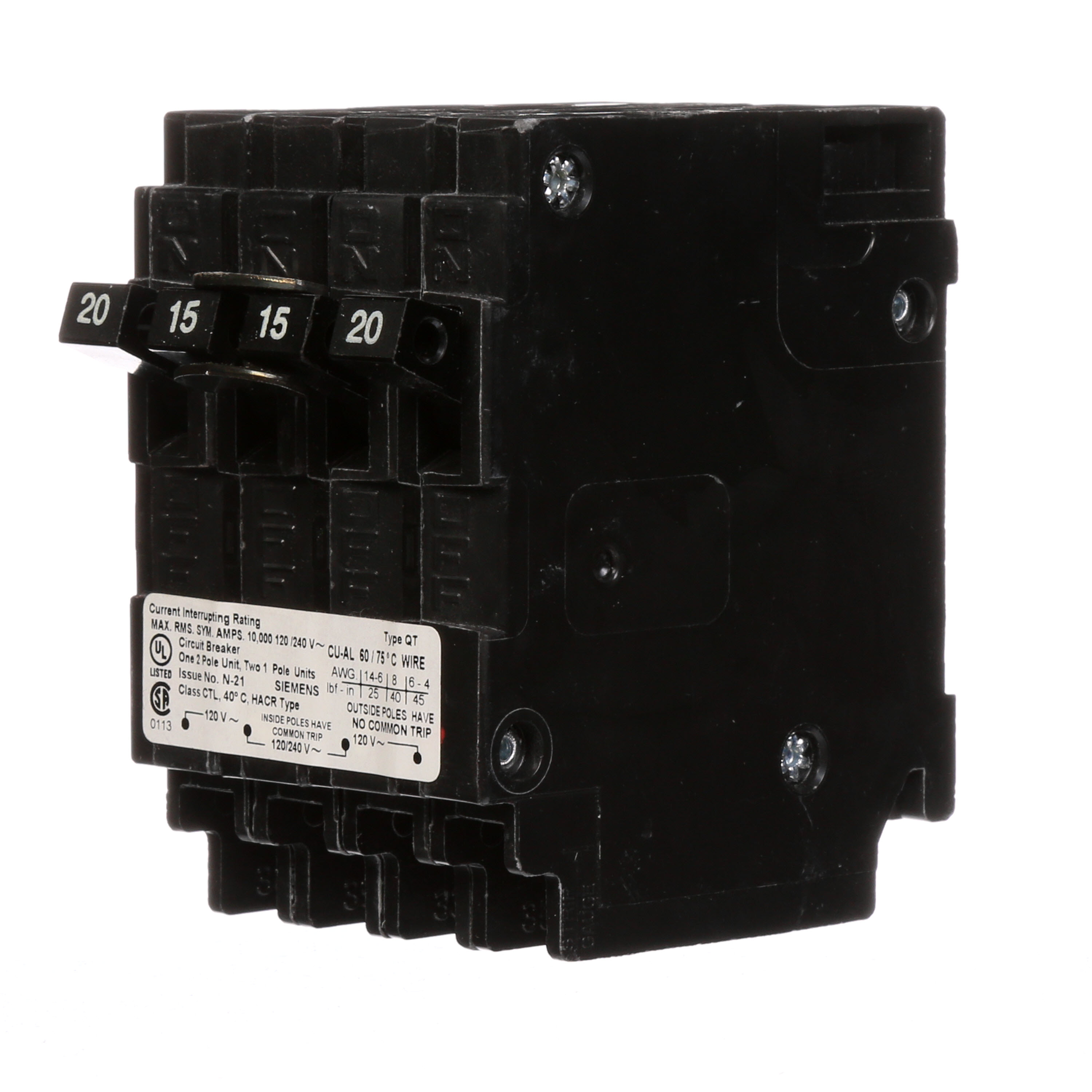 Siemens Low Voltage Residential Circuit Breakers Miniature Thermal Mag Circuit Breakers - Duplex, Triplex, Quadplex are Circuit Protection Load Center Mains, Feeders, and Miniature Circuit Breakers. Type QT Application Electrical Distribution Standard UL 489 Voltage Rating 120/240V Amperage Rating 20-15A Trip Range Thermal Magnetic Interrupt Rating 10 AIC Number Of Poles Two single poles and one double pole
