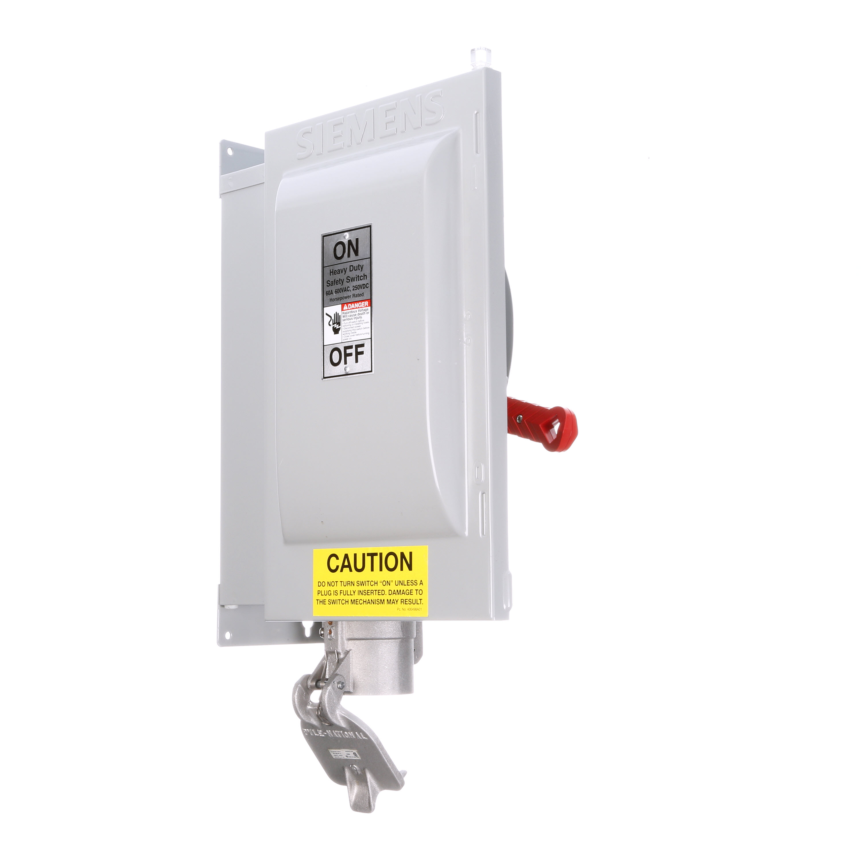 Siemens Low Voltage Circuit Protection Heavy Duty Safety Switch. 3-Pole Non-Fused in a type 12 industrial enclosure. Rated 600VAC (60A). Special features Pyle-National interlocked receptacle.