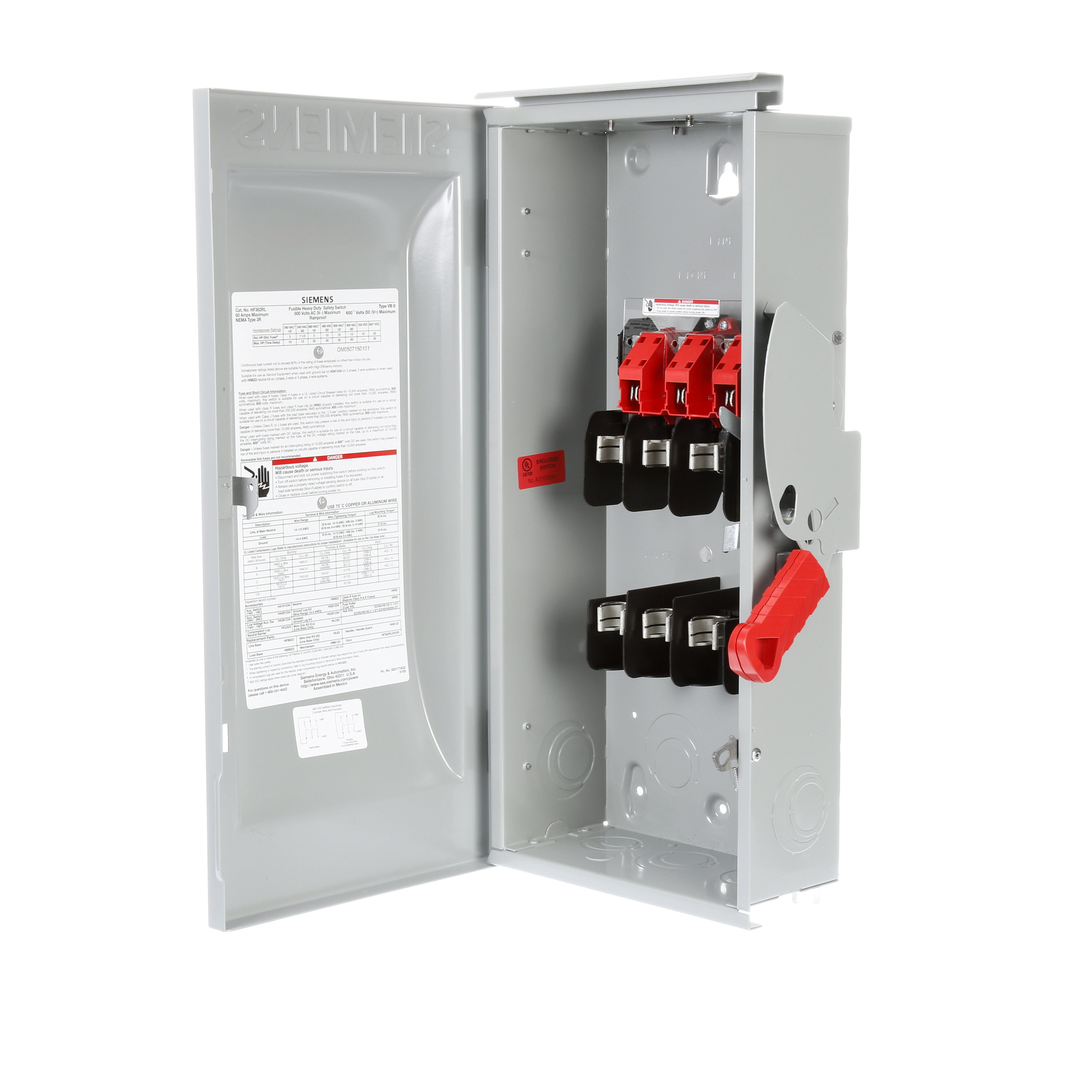 Siemens Low Voltage Circuit Protection Heavy Duty Safety Switch. 3-Pole 3-Fuse Fused in a type 3R enclosure (outdoor). Rated 600VAC (60A). Special features oversized encl (100A lugs, 100A enclosure).