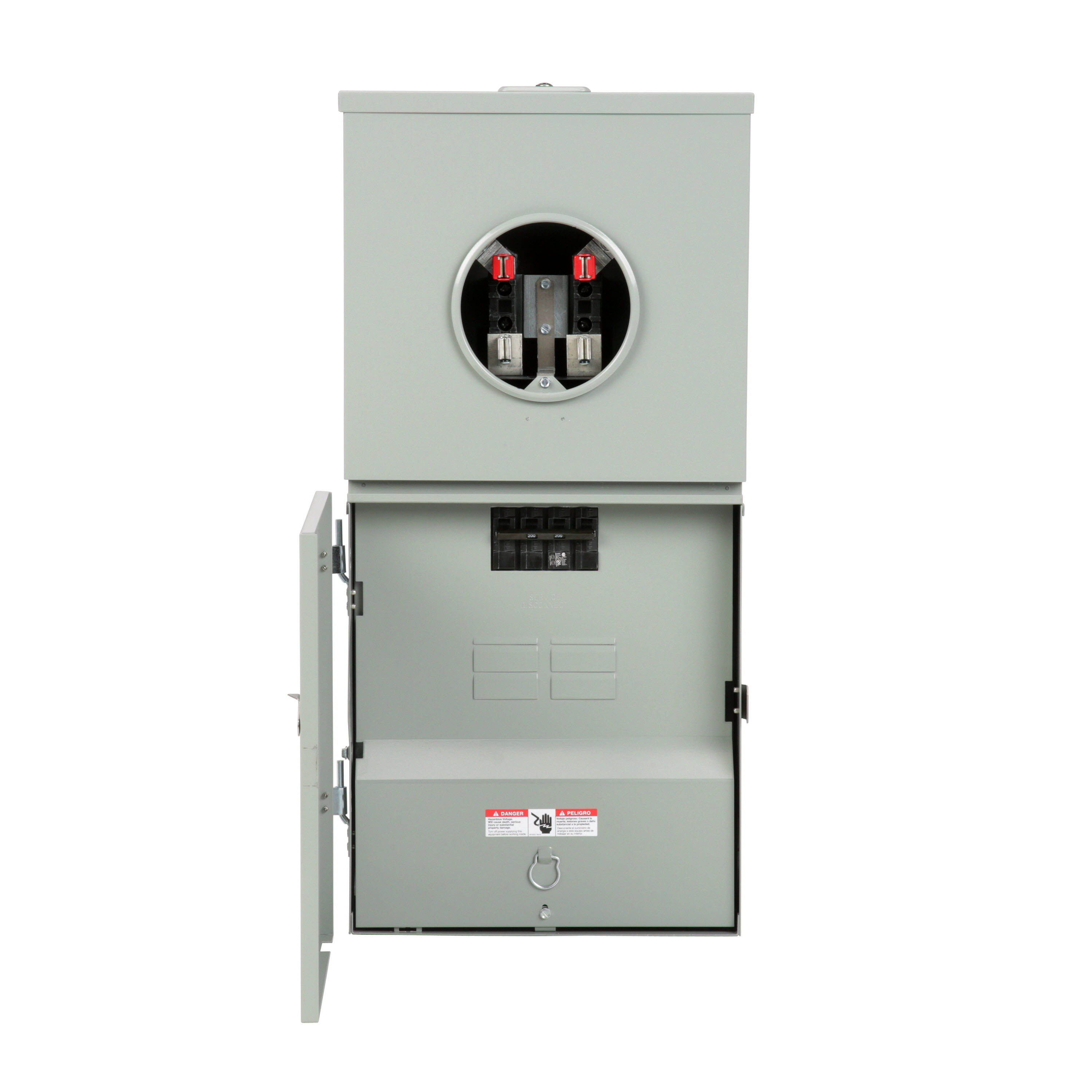 SIEMENS LOW VOLTAGE METER LOAD CENTER COMBINATION. FACTORY INSTALLED MAIN BREAKER 4 (1 INCH) SPACES INTERIOR ALLOWING MAX 8 CIRCUITS. 4-JAW METER / 1-PHASE SYSTEM RATED 200A. SPECIAL FEATURES OH/UG FEED, RING TYPE COVER, FEED THRU LUGS