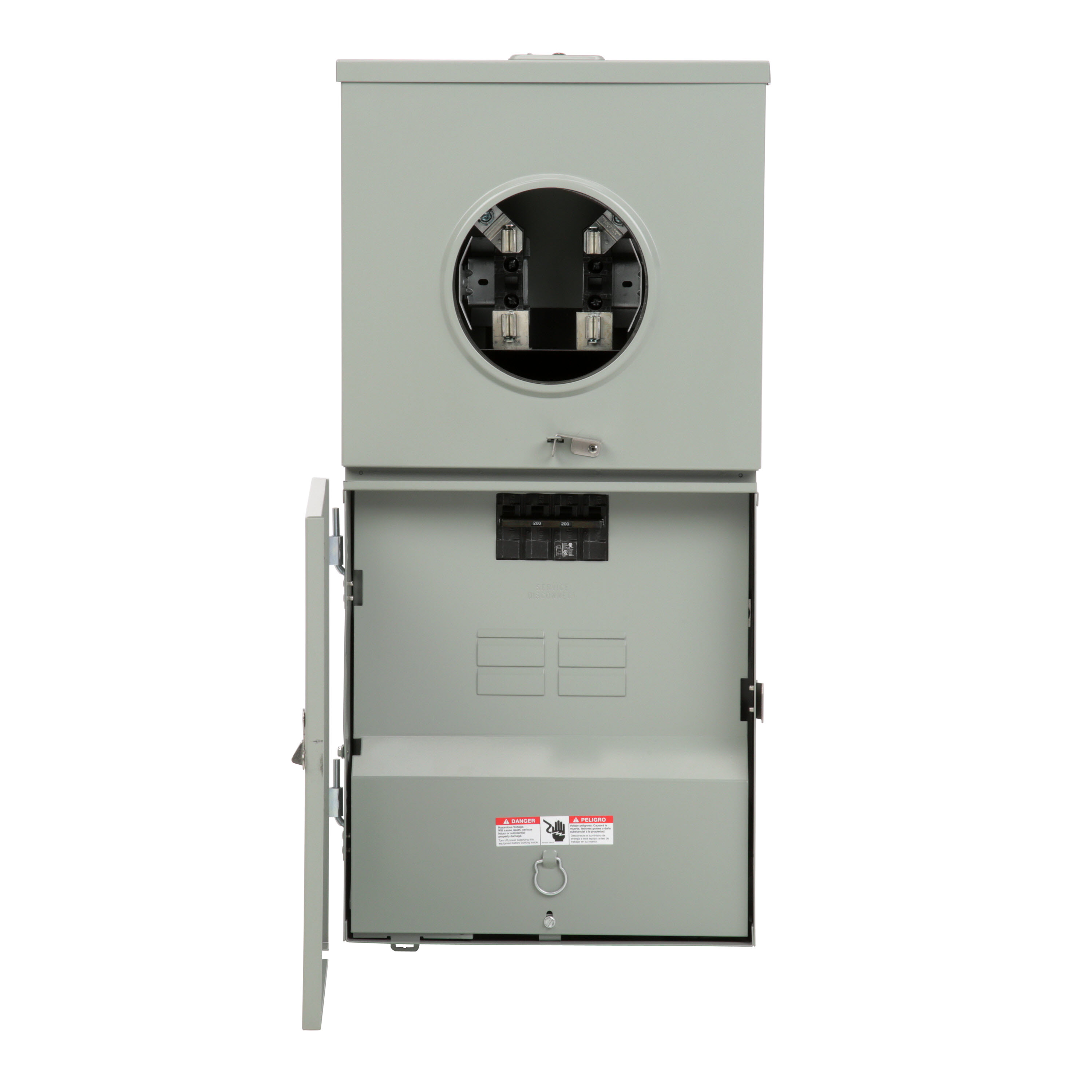 SIEMENS LOW VOLTAGE METER LOAD CENTER COMBINATION. FACTORY INSTALLED MAIN BREAKER 4 (1 INCH) SPACES INTERIOR ALLOWING MAX 8 CIRCUITS. 4-JAW METER / 1-PHASE SYSTEM RATED 200A. SPECIAL FEATURES OH/UG FEED, RINGLESS TYPE COVER, FEED THRU LUGS
