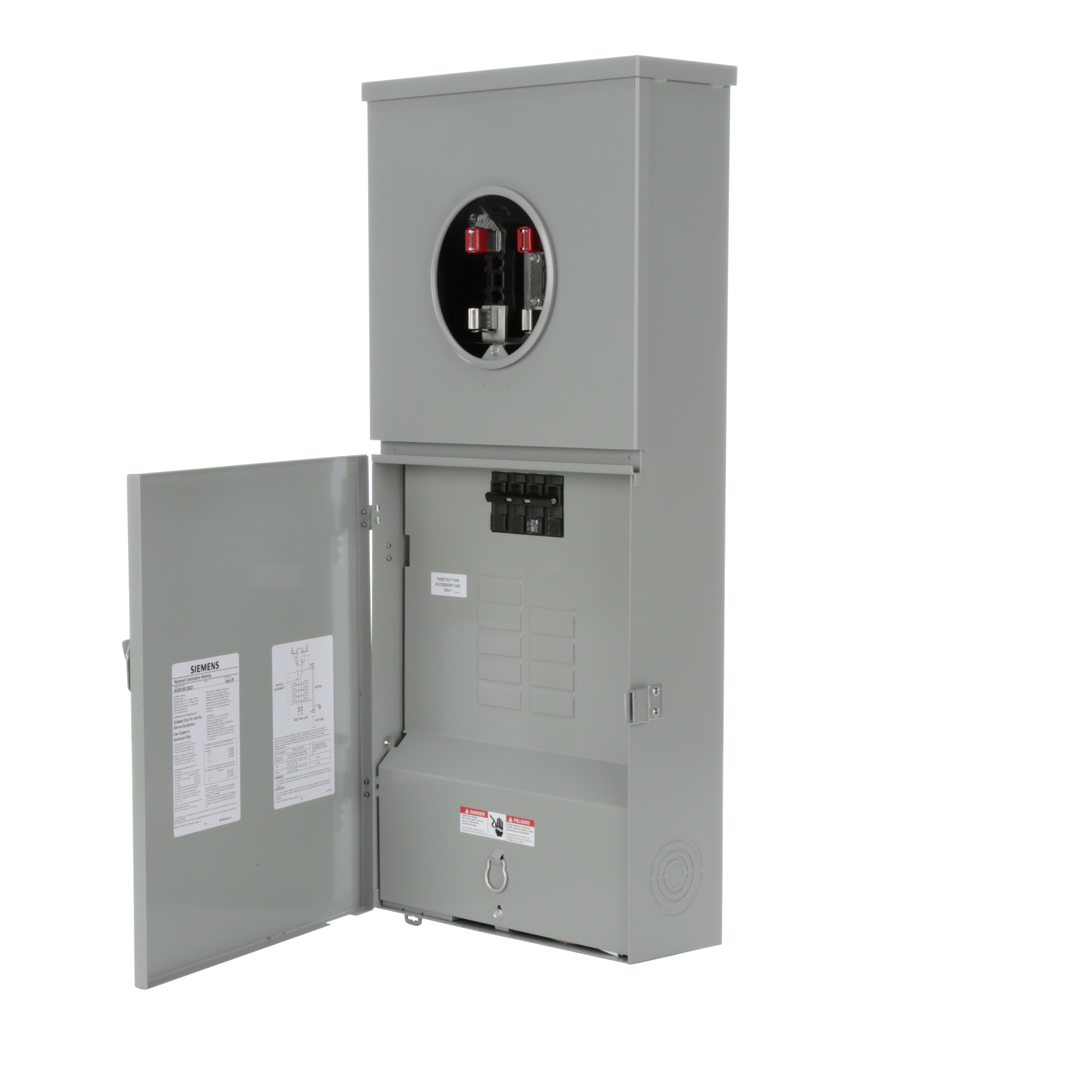 SIEMENS LOW VOLTAGE METER LOAD CENTER COMBINATION. FACTORY INSTALLED MAIN BREAKER 8 (1 INCH) SPACES INTERIOR ALLOWING MAX 16 CIRCUITS. 4-JAW METER / 1-PHASE SYSTEM RATED 200A. SPECIAL FEATURES OH/UG FEED, RING TYPE COVER, FEED THRU LUGS